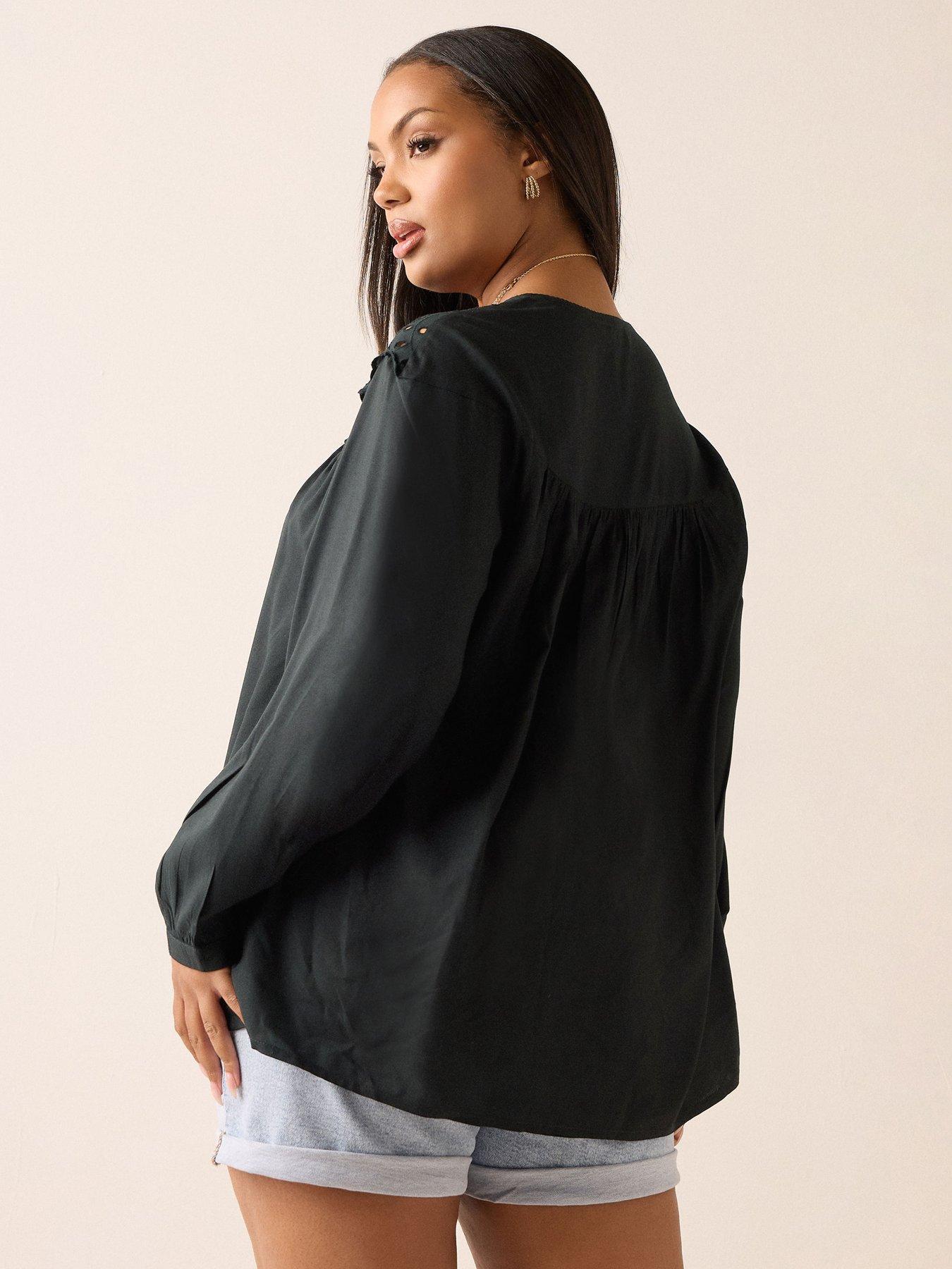 yours-curve-broderie-panel-blouse-blackstillFront