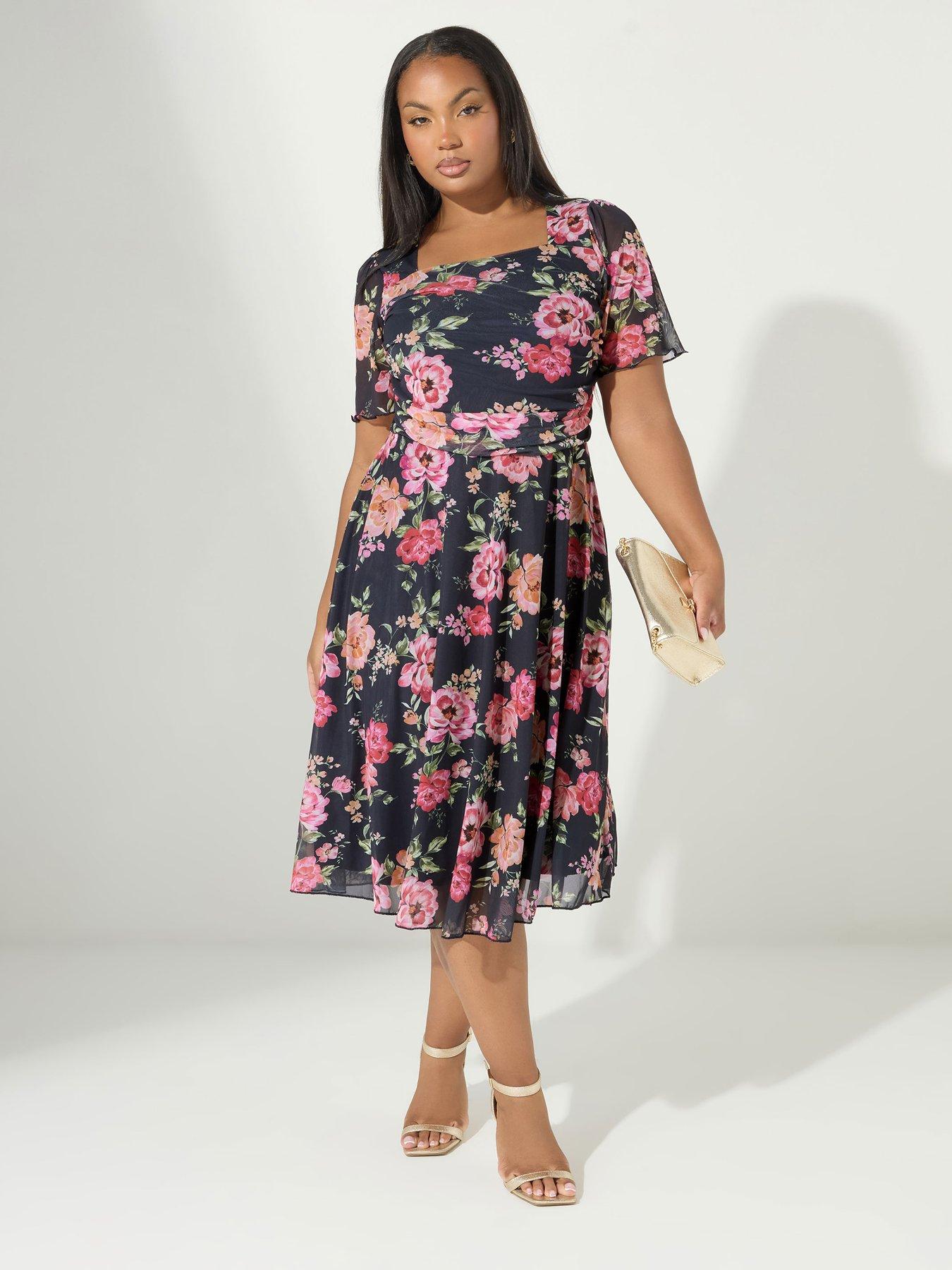 undefined Curve Floral Mesh Square Neck Dress