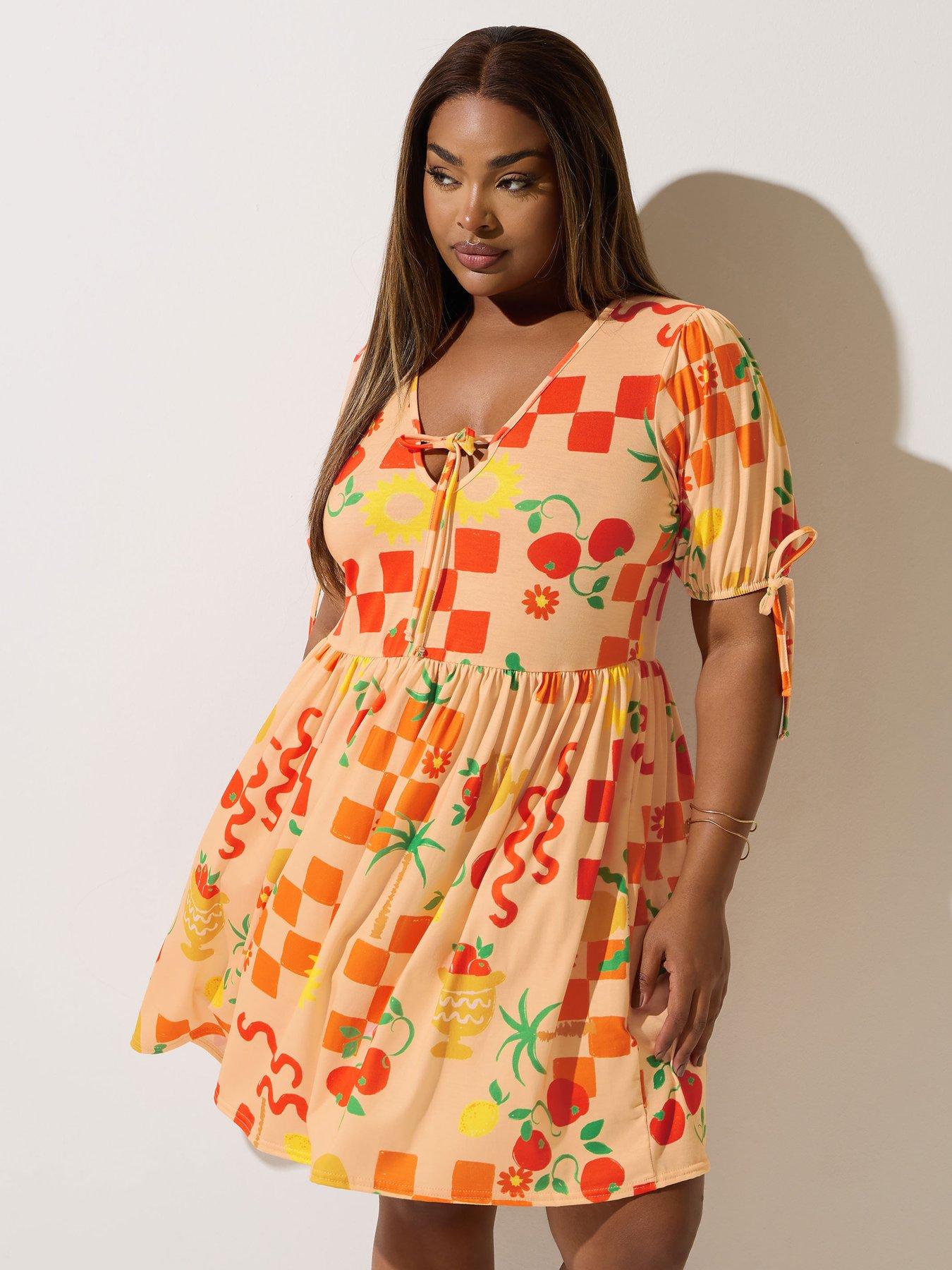 Image of Yours Curve Tie Checkboard Print Dress - Natural