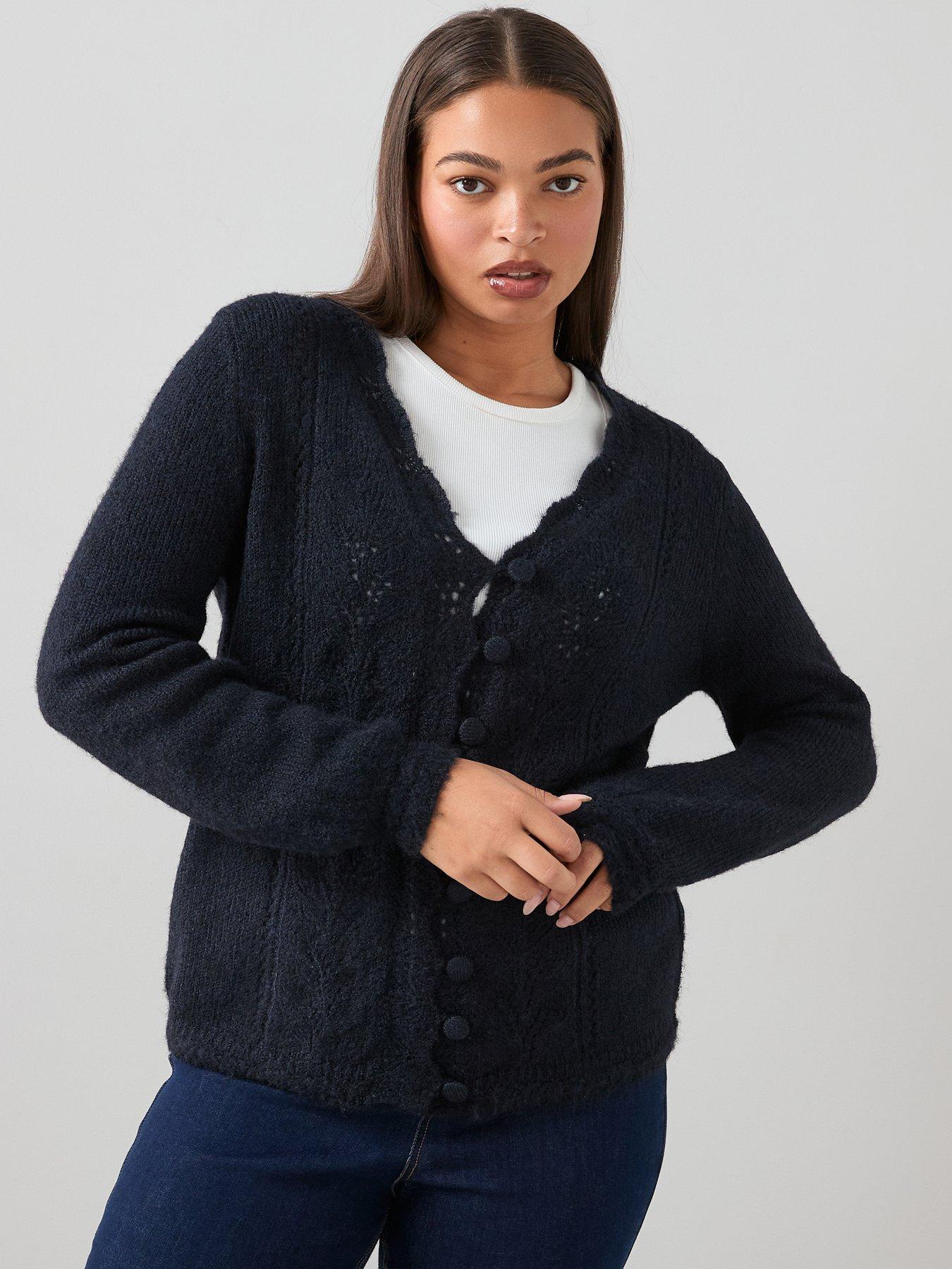 The Very Collection Curve V Neck Pointelle Knitted Cardigan - Navy