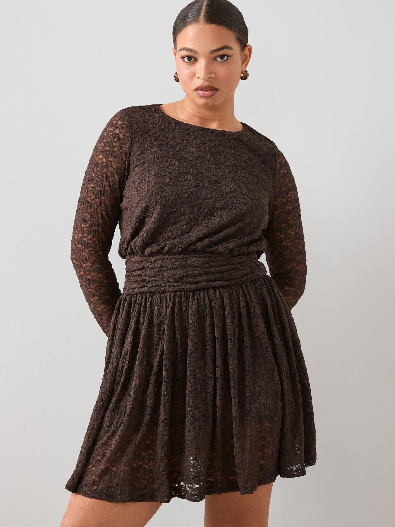 the-very-collection-curve-lace-ruched-mini-dress-brown