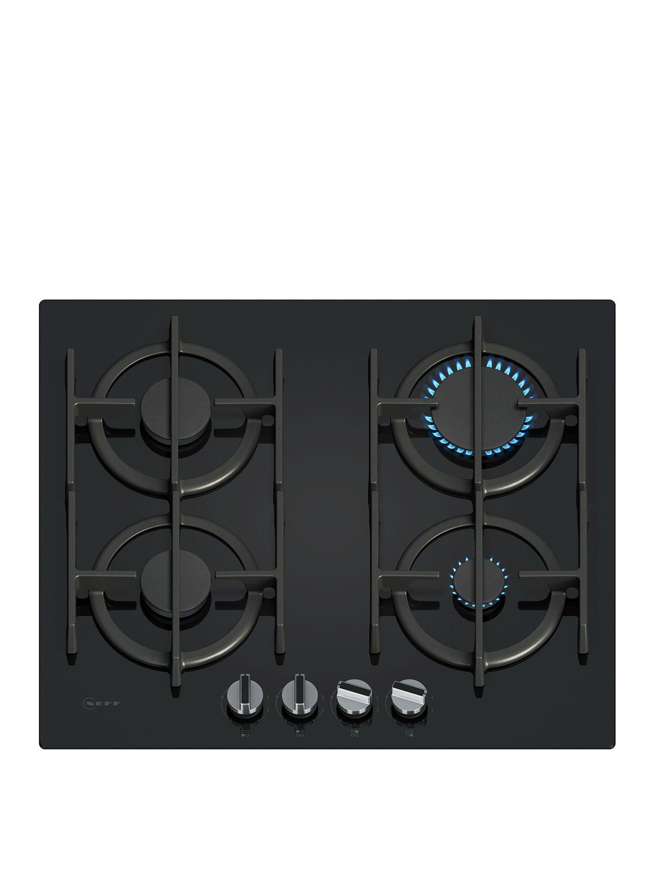 undefined T26PIP4S0, 60cm Gas Hob, Black Tempered Glass, 4 burner, Optimised FlameSelect, 4 Dishwasher suitable cast iron pan supports, Detachable metallic sword dials