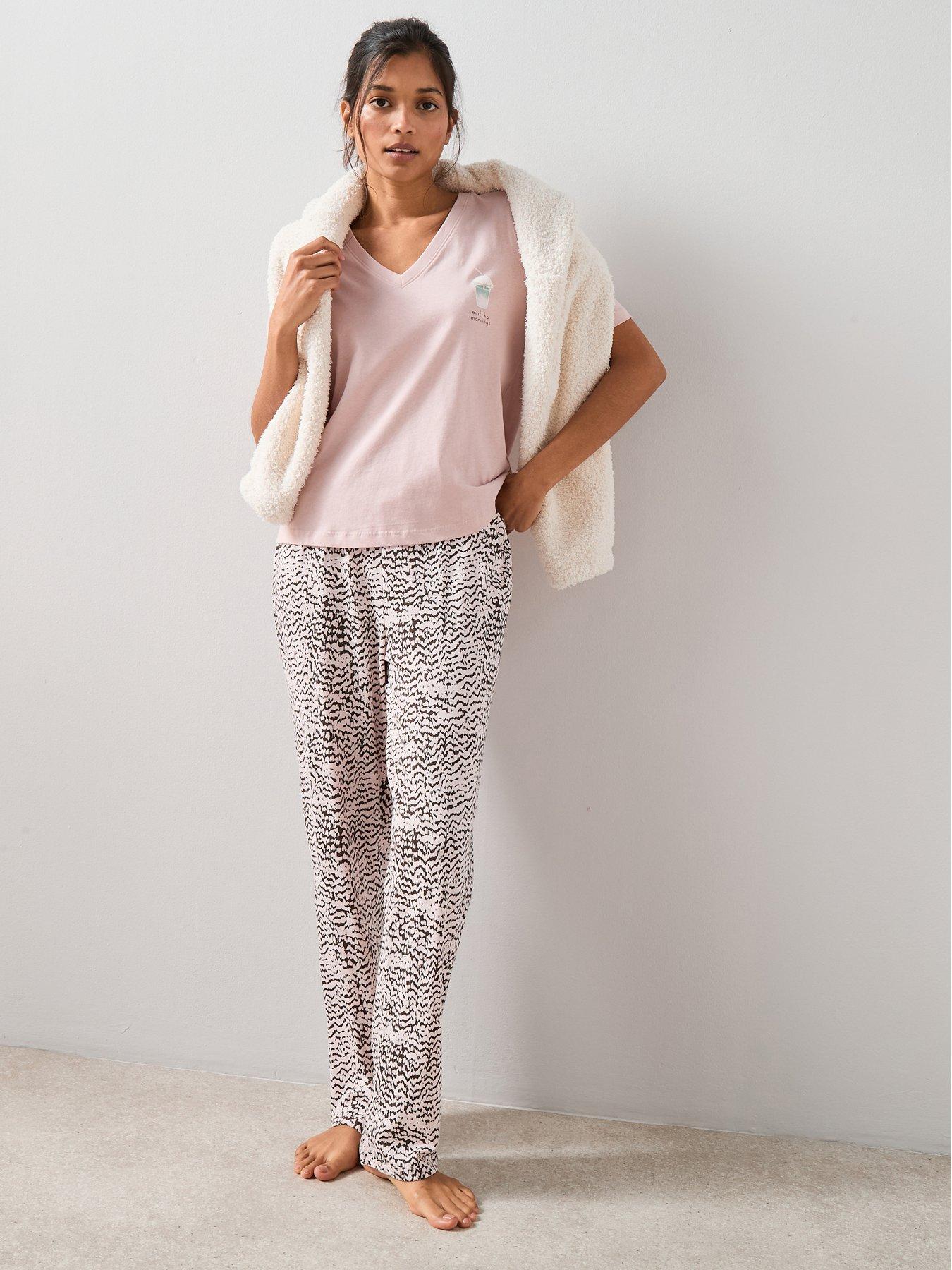 the-very-collection-v-neck-matcha-mornings-short-sleeve-tshirt-and-printed-wide-leg-pyjama-set-pink