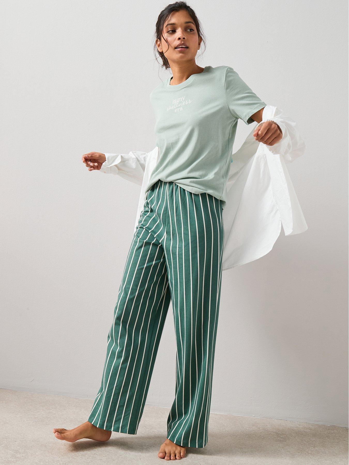 the-very-collection-short-sleeve-wellness-era-tshirt-and-stripe-bottom-wide-leg-pj-set-green