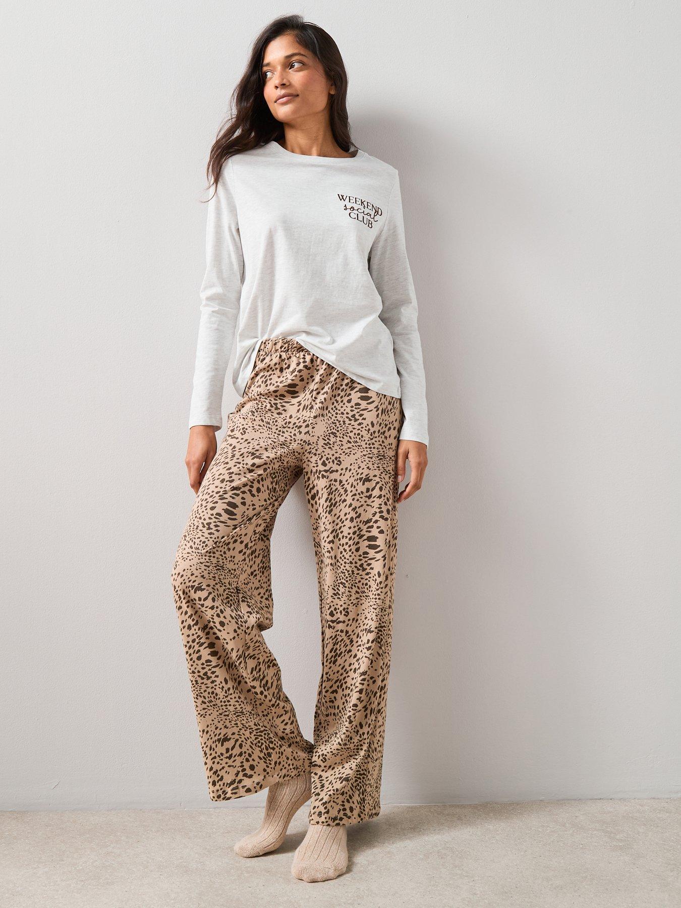 the-very-collection-long-sleeve-slogan-tshirt-and-wide-leg-animal-print-pyjama-set-cream