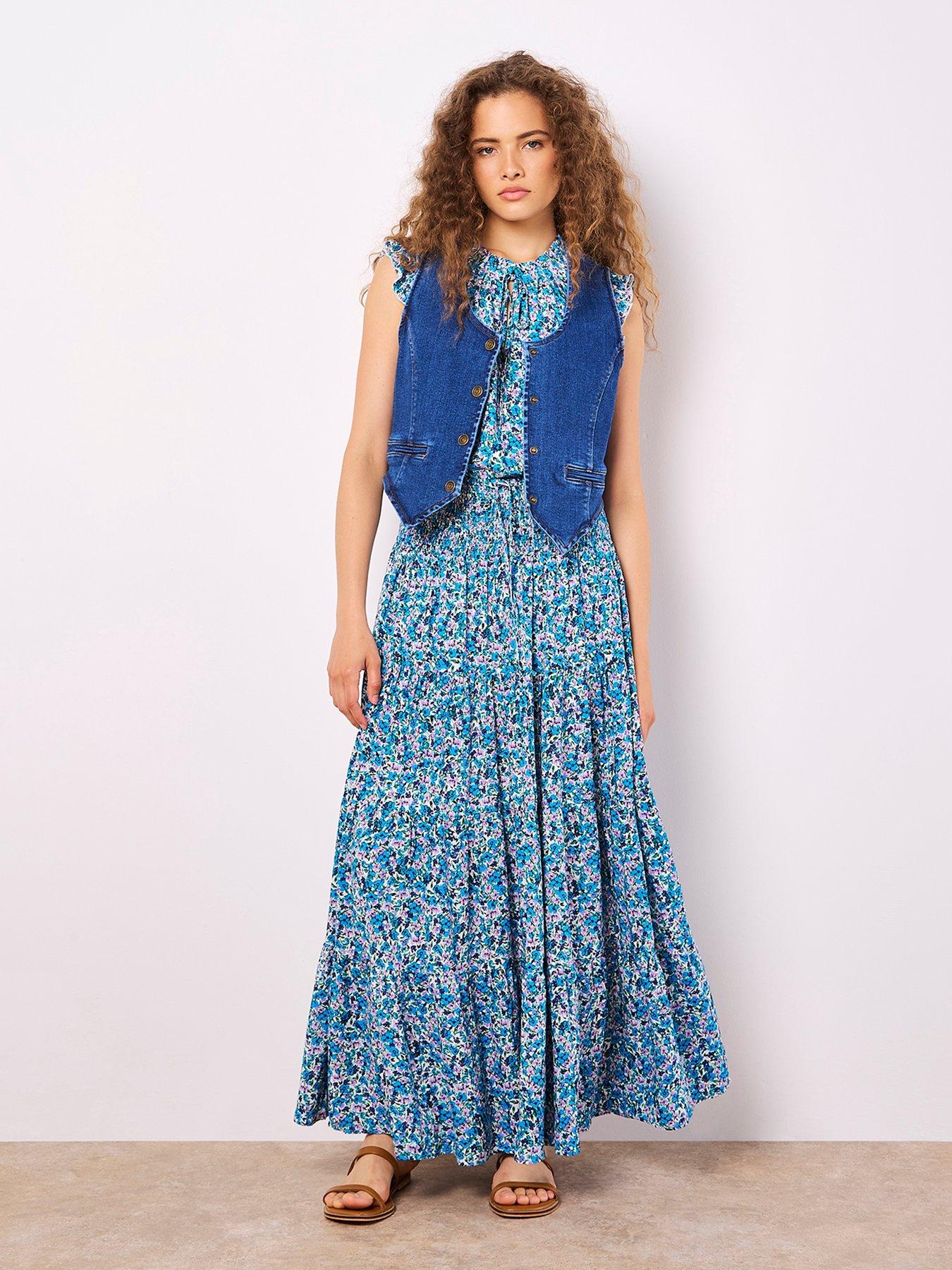 Image 3 of 5 of Apricot Ditsy Floral Tiered Maxi Skirt - Cream