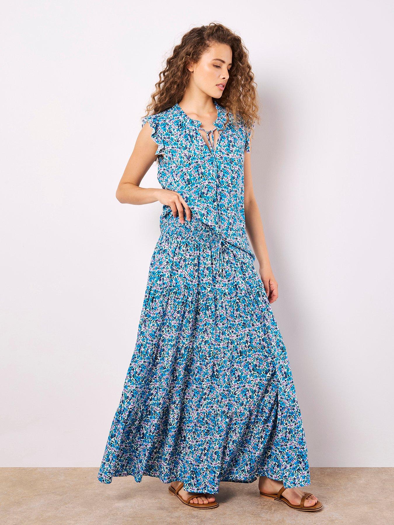 Image 4 of 5 of Apricot Ditsy Floral Tiered Maxi Skirt - Cream