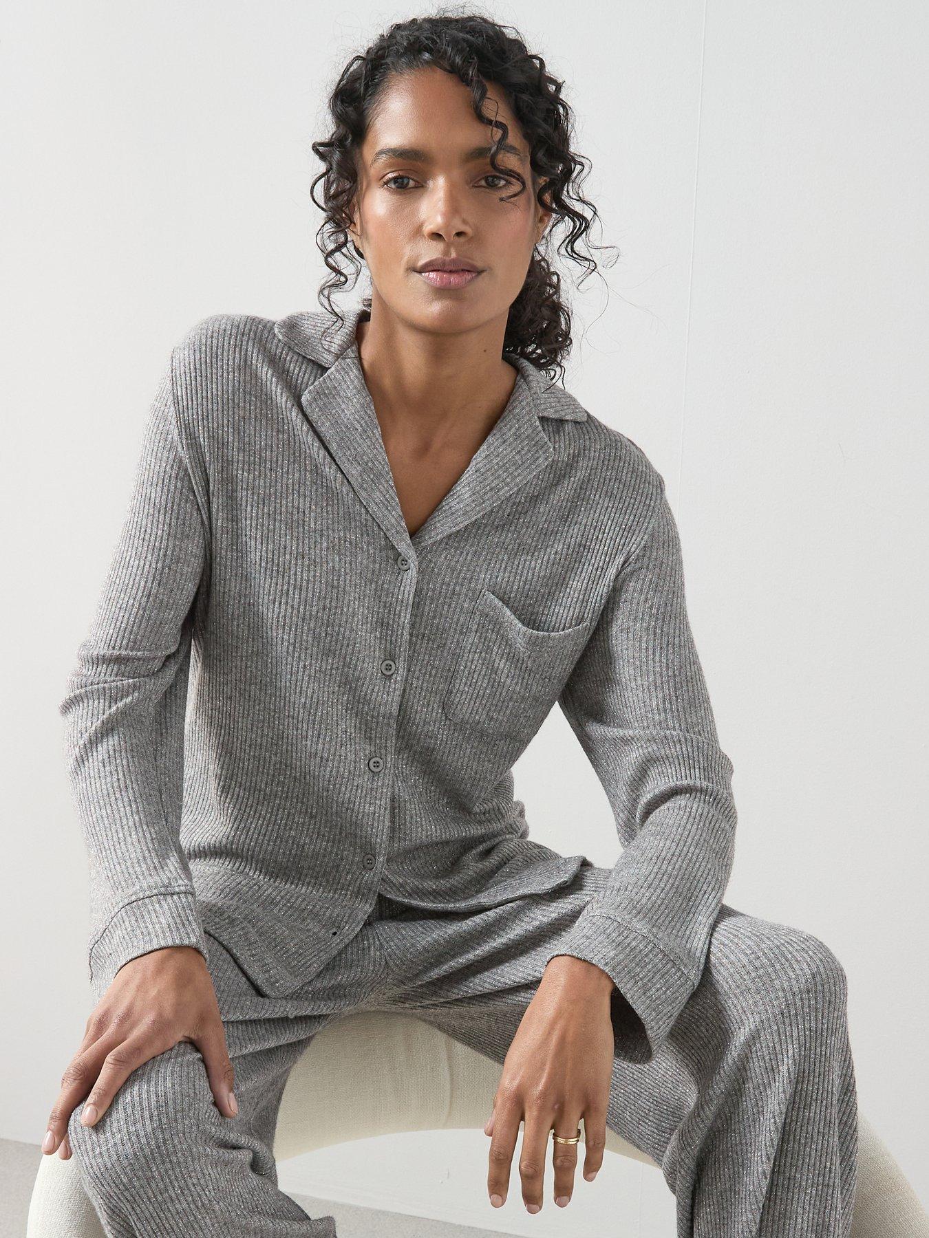 The Very Collection Ribbed Long Sleeve Jersey Revere Pyjama Set - Grey ...