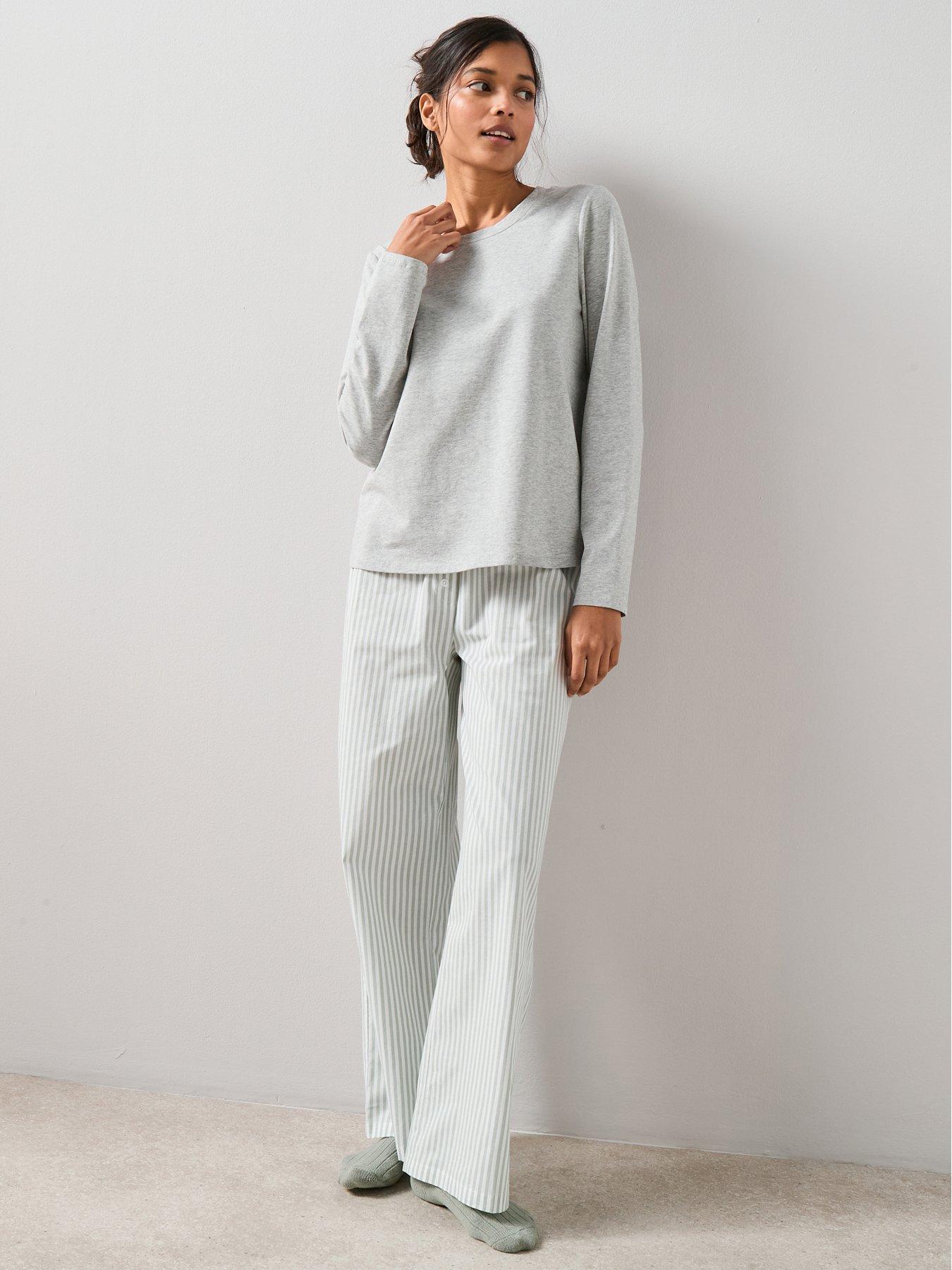 The Very Collection Jersey Long Sleeve Top With Stripe Woven Bottom Pyjama Set - Grey