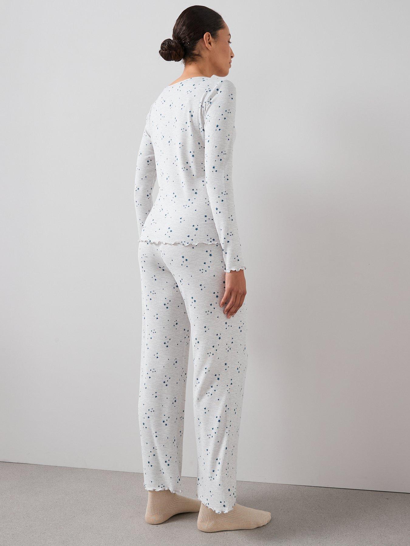 Image 2 of 6 of The Very Collection Pointelle Henley Disty Star Long Sleeve Top And Wide Leg Bottom - White