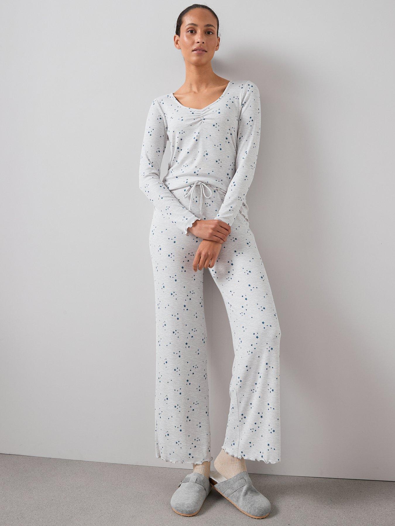 Image 3 of 6 of The Very Collection Pointelle Henley Disty Star Long Sleeve Top And Wide Leg Bottom - White