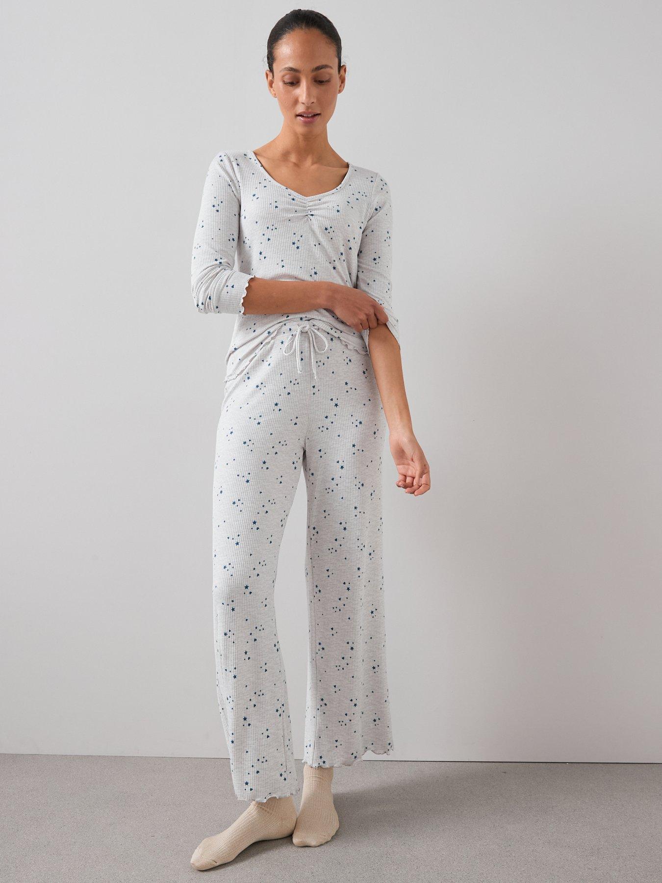 Image 4 of 6 of The Very Collection Pointelle Henley Disty Star Long Sleeve Top And Wide Leg Bottom - White