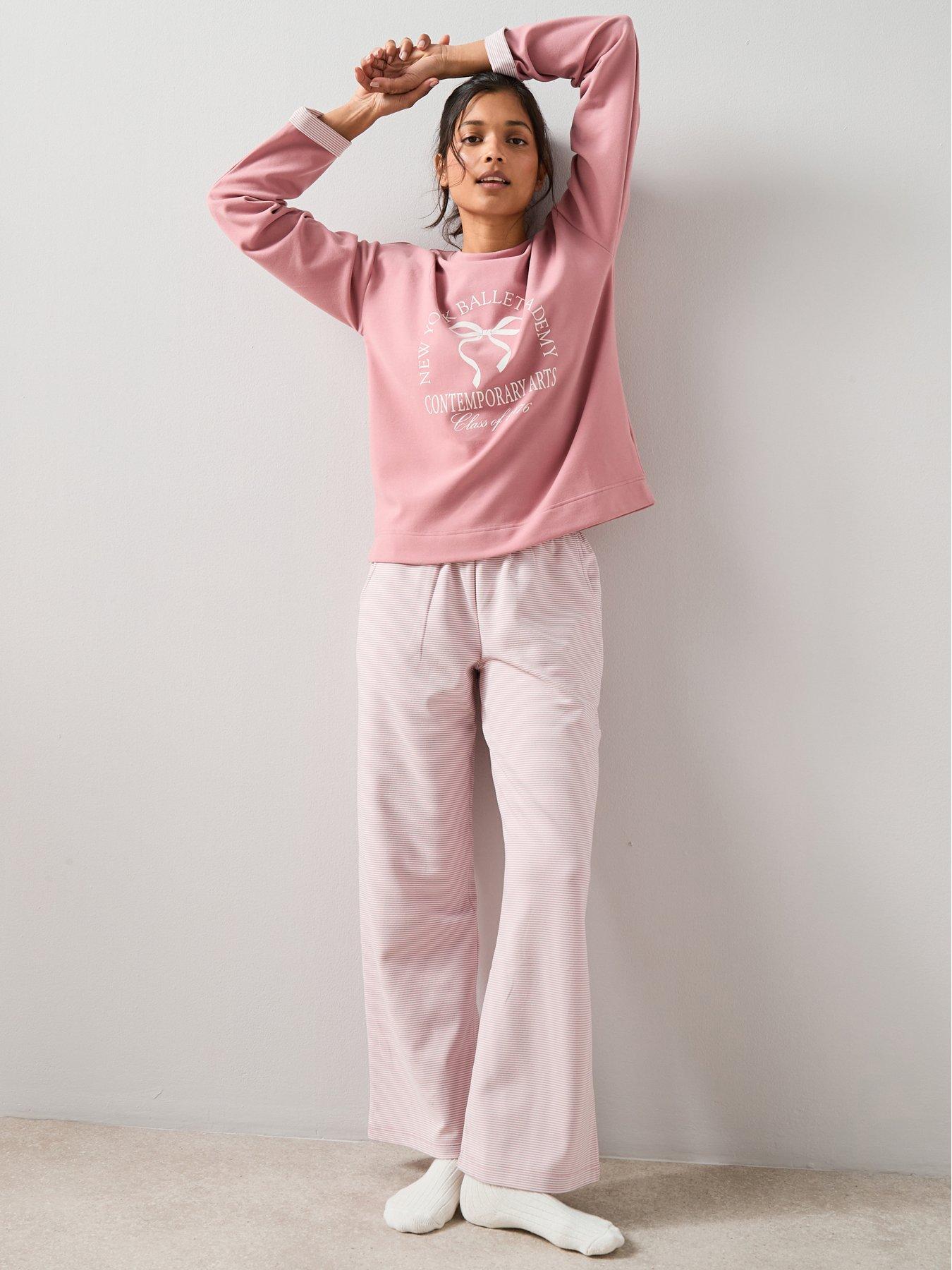 The Very Collection Slogan Sweat And Fleece Stripe Bottom Pyjama Set - Pink