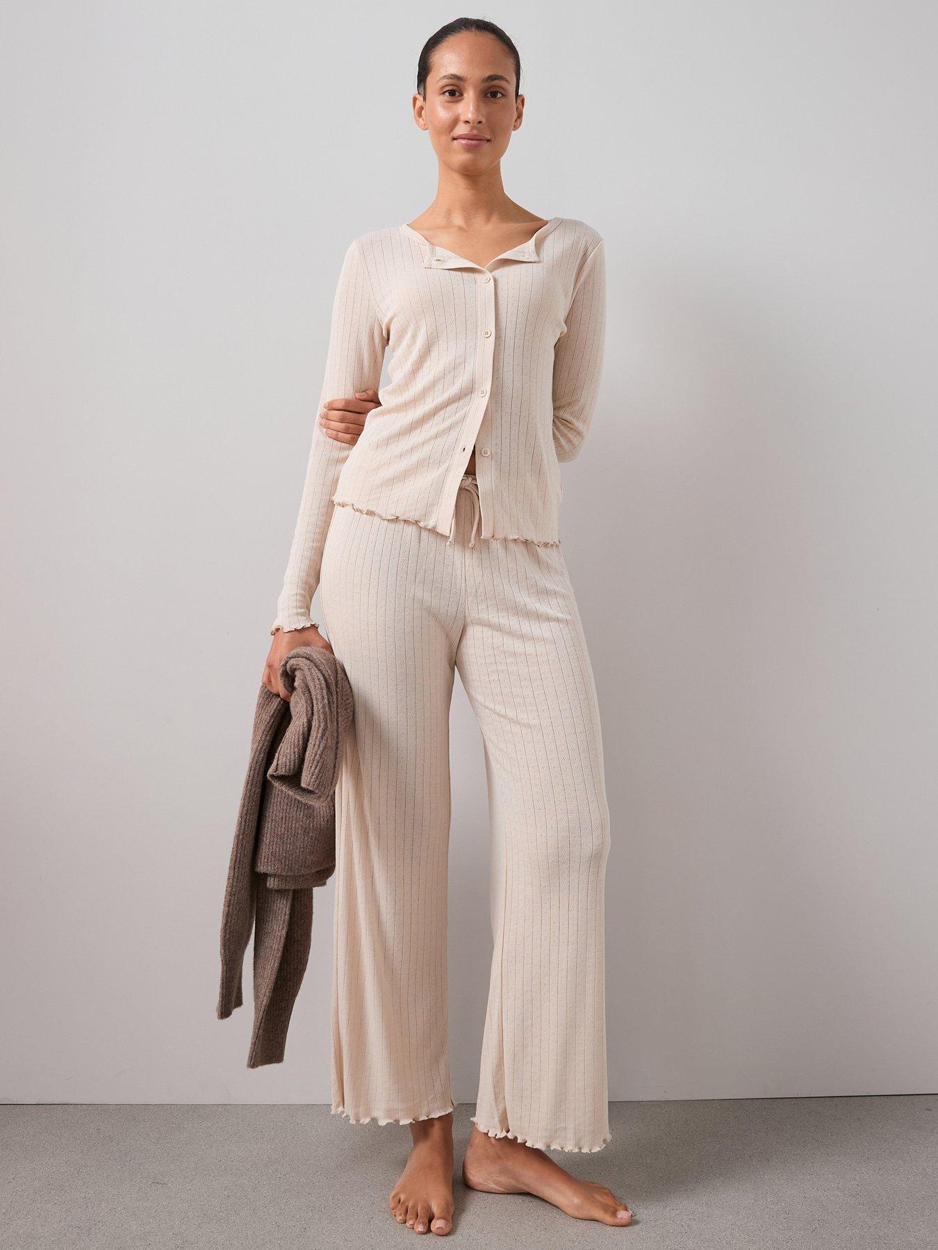 The Very Collection Pointelle Button Through Cardigan With Wide Leg Pyjama Set - Cream