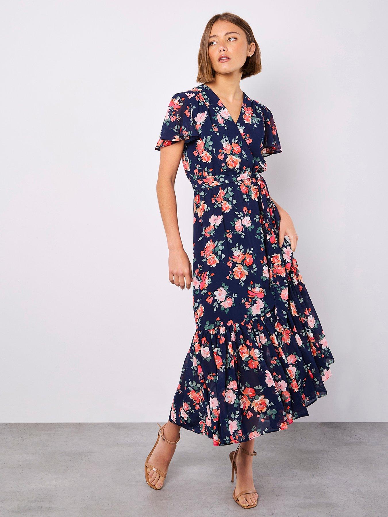 Image 1 of 4 of Apricot Painterly Roses Wrap Maxi Dress - Navy