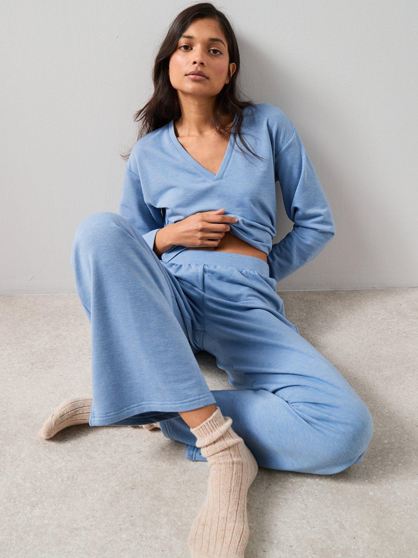the-very-collection-v-neck-long-sleeve-top-and-wide-leg-loungewear-set-blue