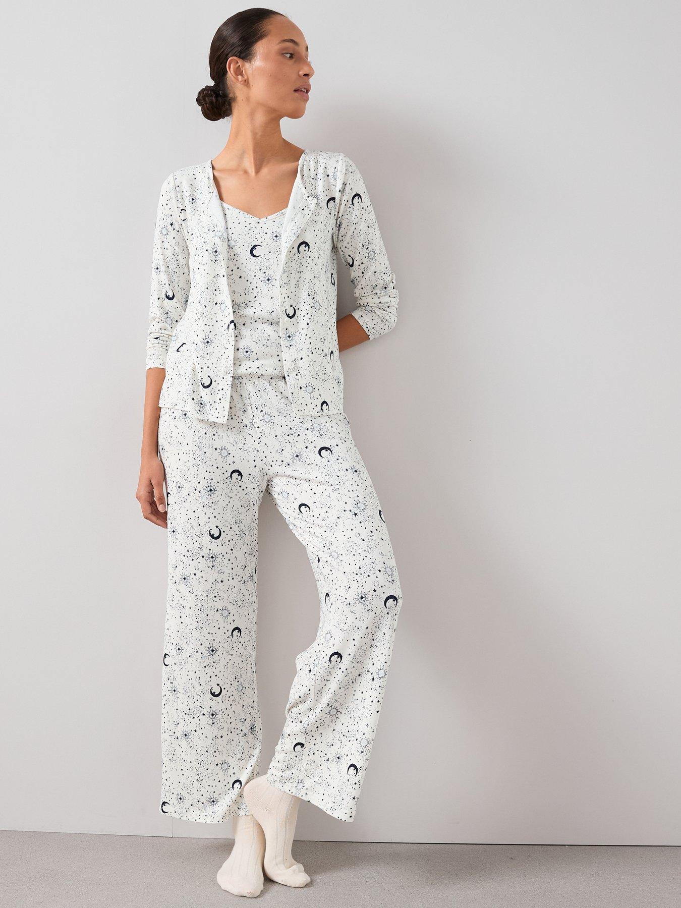 The Very Collection 3 Piece Star Print Vest, Cardigan And Wide Leg Pointelle Pj Set - Cream