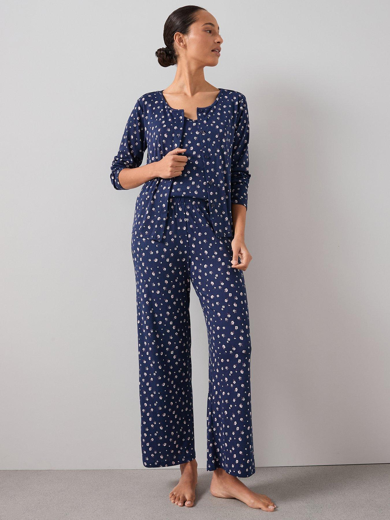 Image 1 of 7 of The Very Collection 3 Piece Ditsy Floral Jersey Long Sleeve Top, Cardigan And Wide Leg Pyjama Set - Blue