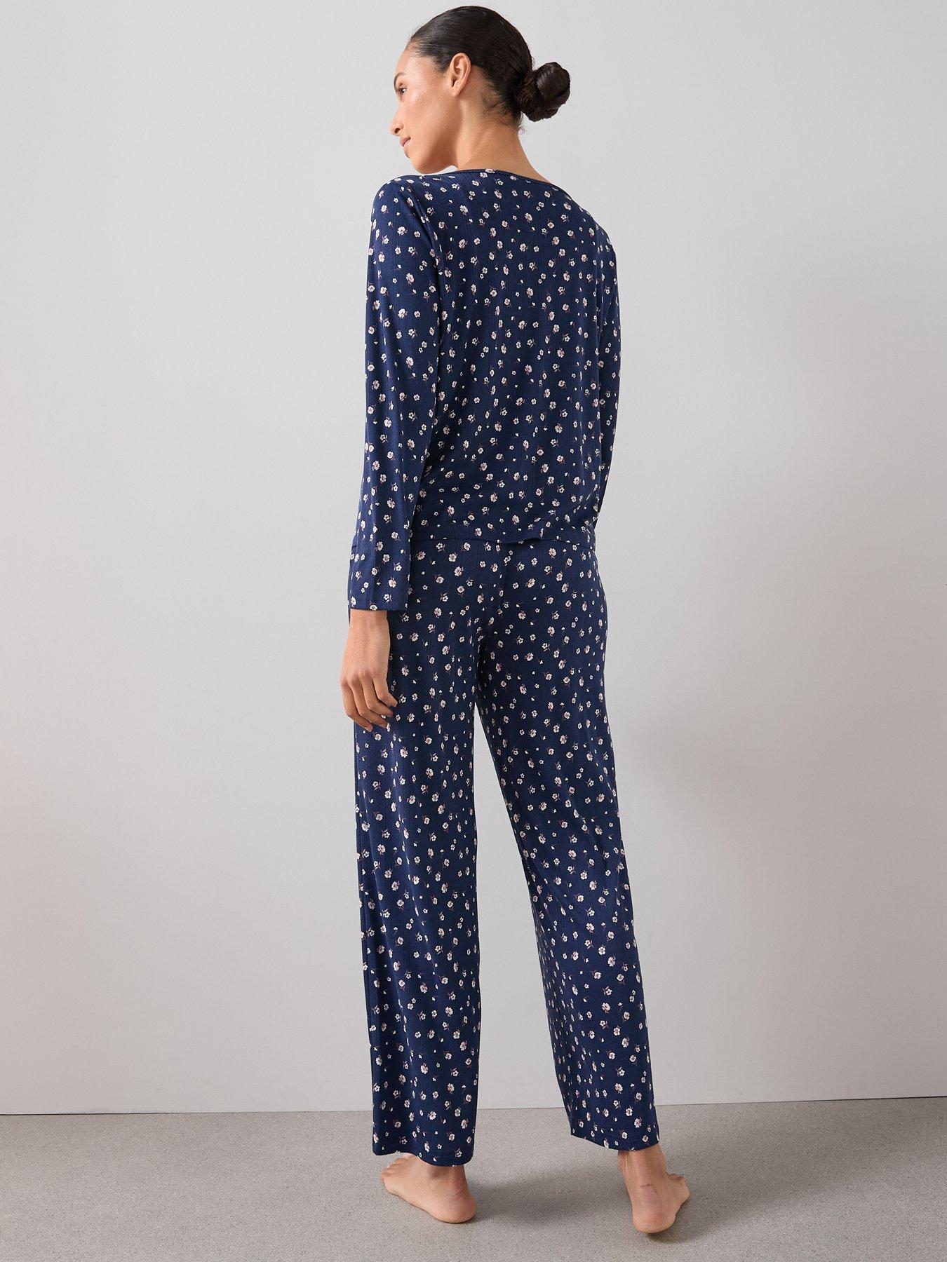 Image 2 of 7 of The Very Collection 3 Piece Ditsy Floral Jersey Long Sleeve Top, Cardigan And Wide Leg Pyjama Set - Blue