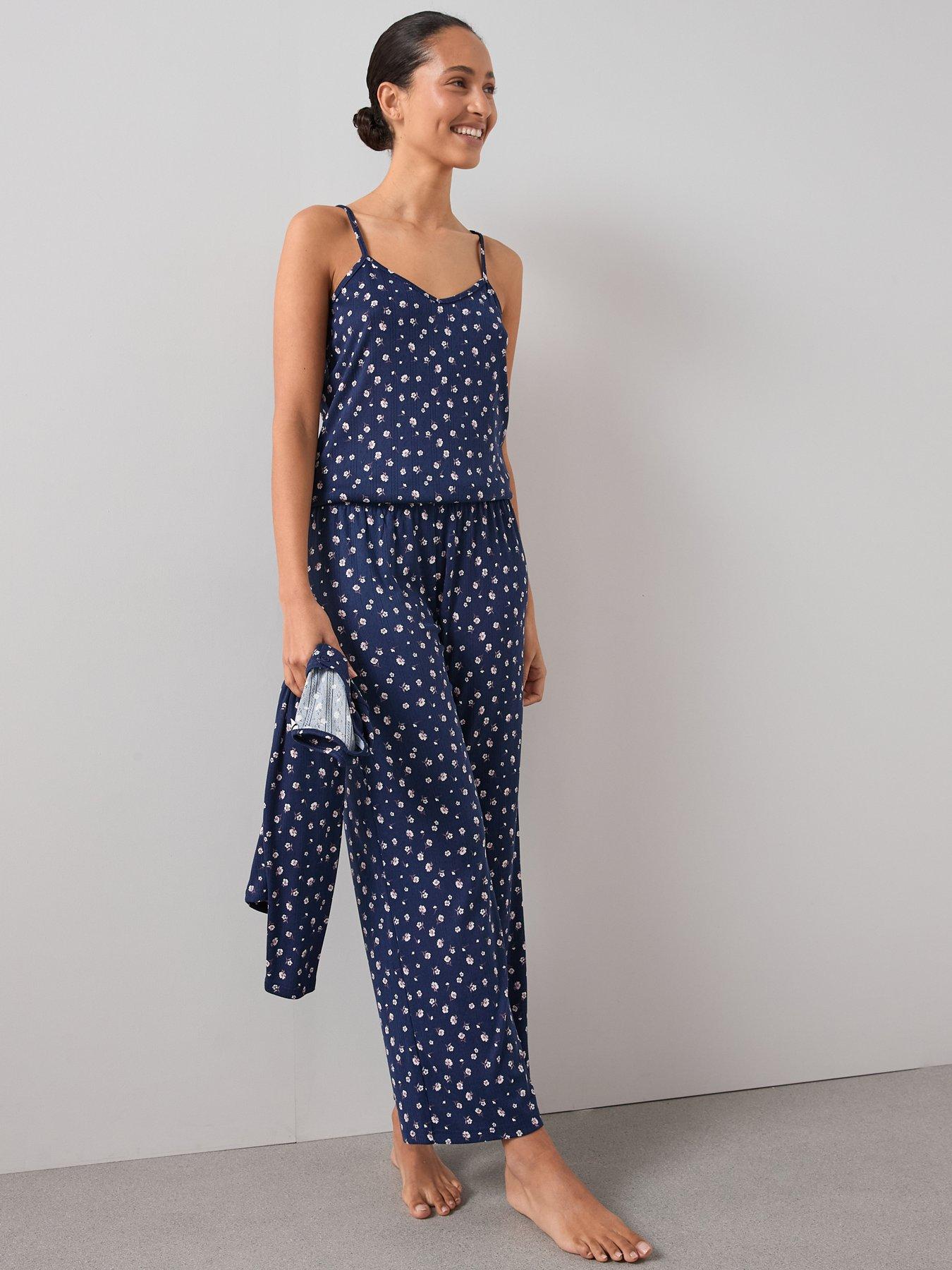 Image 3 of 7 of The Very Collection 3 Piece Ditsy Floral Jersey Long Sleeve Top, Cardigan And Wide Leg Pyjama Set - Blue