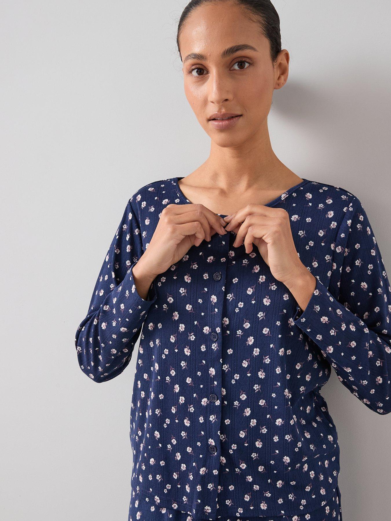Image 4 of 7 of The Very Collection 3 Piece Ditsy Floral Jersey Long Sleeve Top, Cardigan And Wide Leg Pyjama Set - Blue