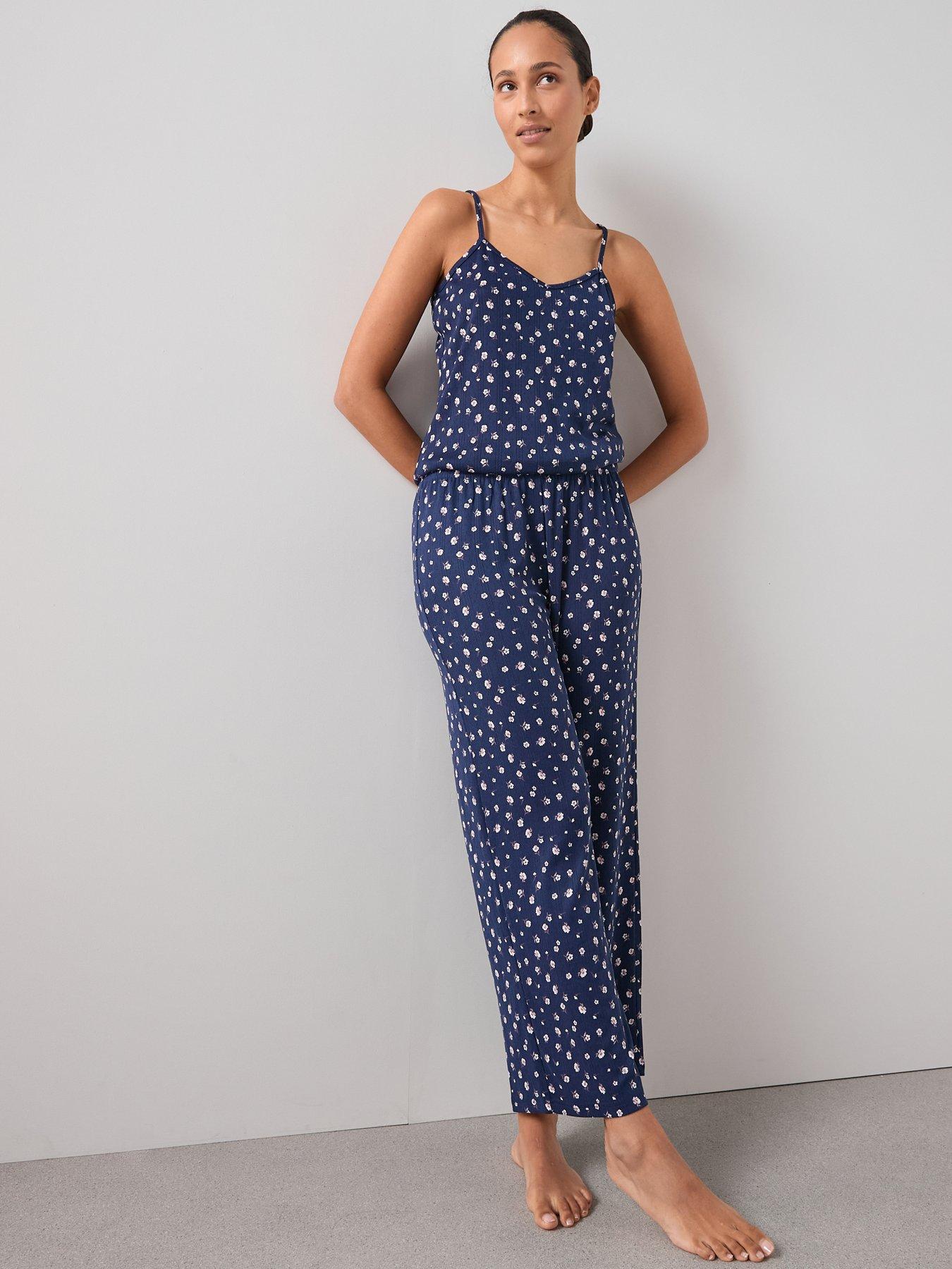 Image 5 of 7 of The Very Collection 3 Piece Ditsy Floral Jersey Long Sleeve Top, Cardigan And Wide Leg Pyjama Set - Blue