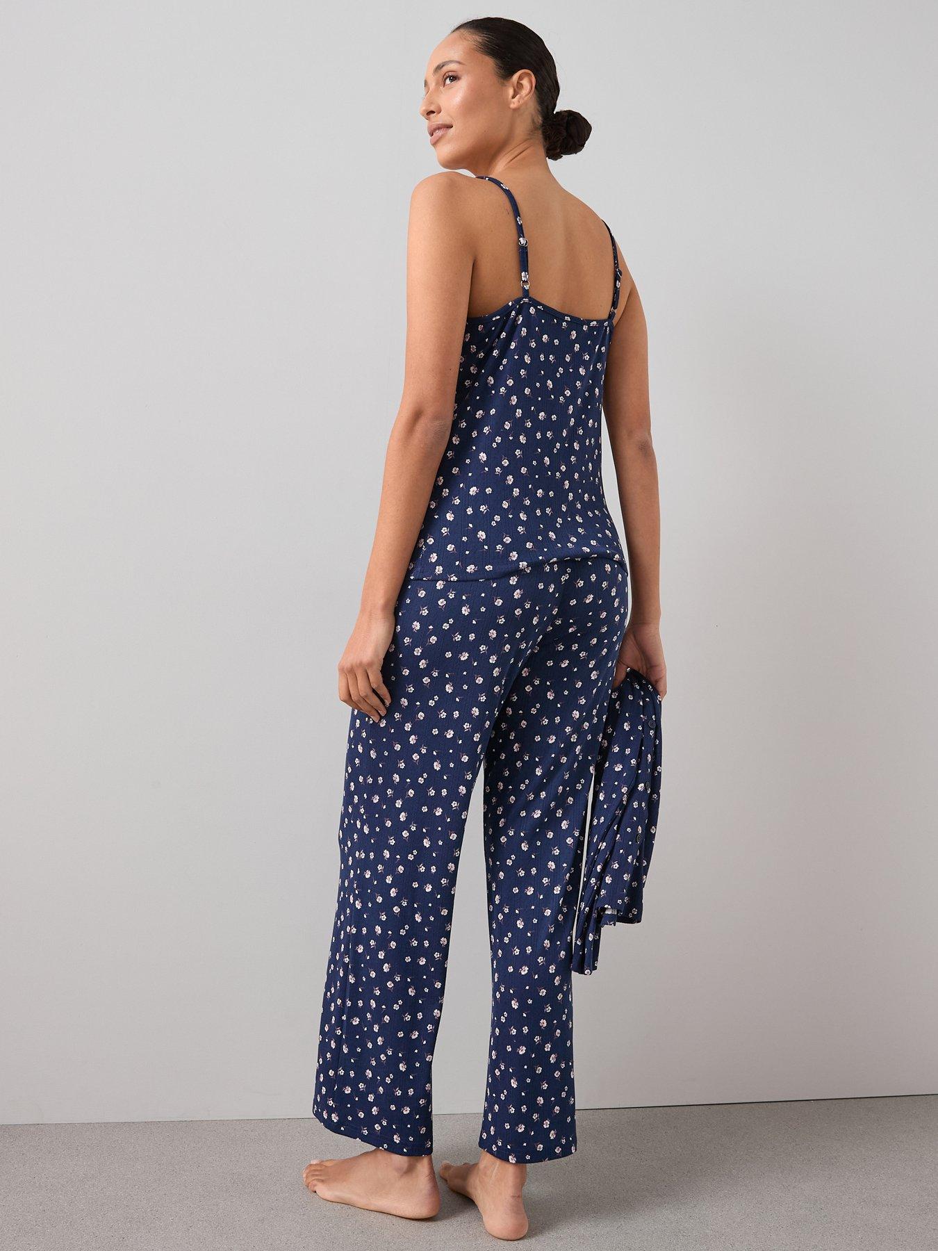 Image 6 of 7 of The Very Collection 3 Piece Ditsy Floral Jersey Long Sleeve Top, Cardigan And Wide Leg Pyjama Set - Blue