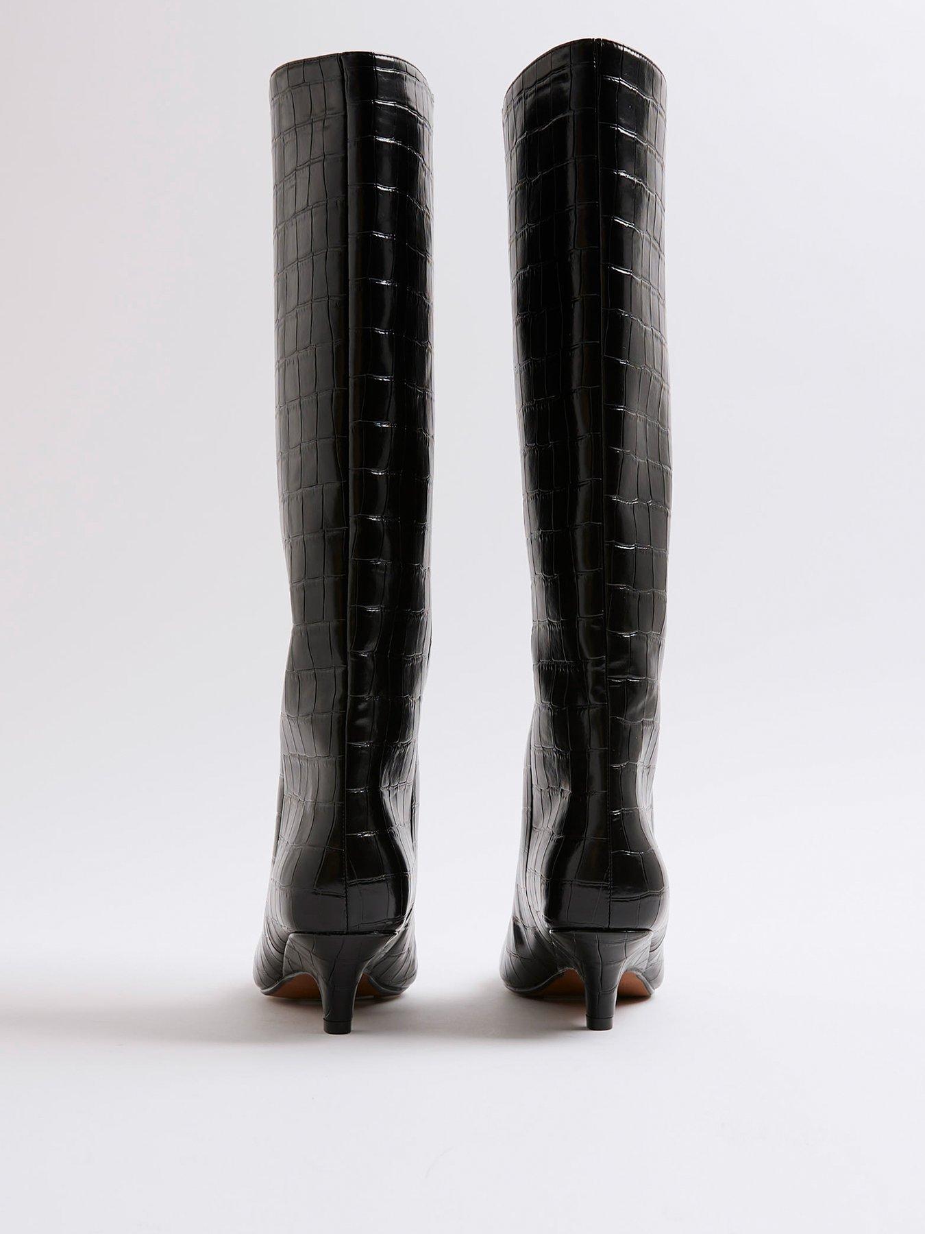 Image 2 of 6 of River Island Curved Heel Knee High Boot - Black