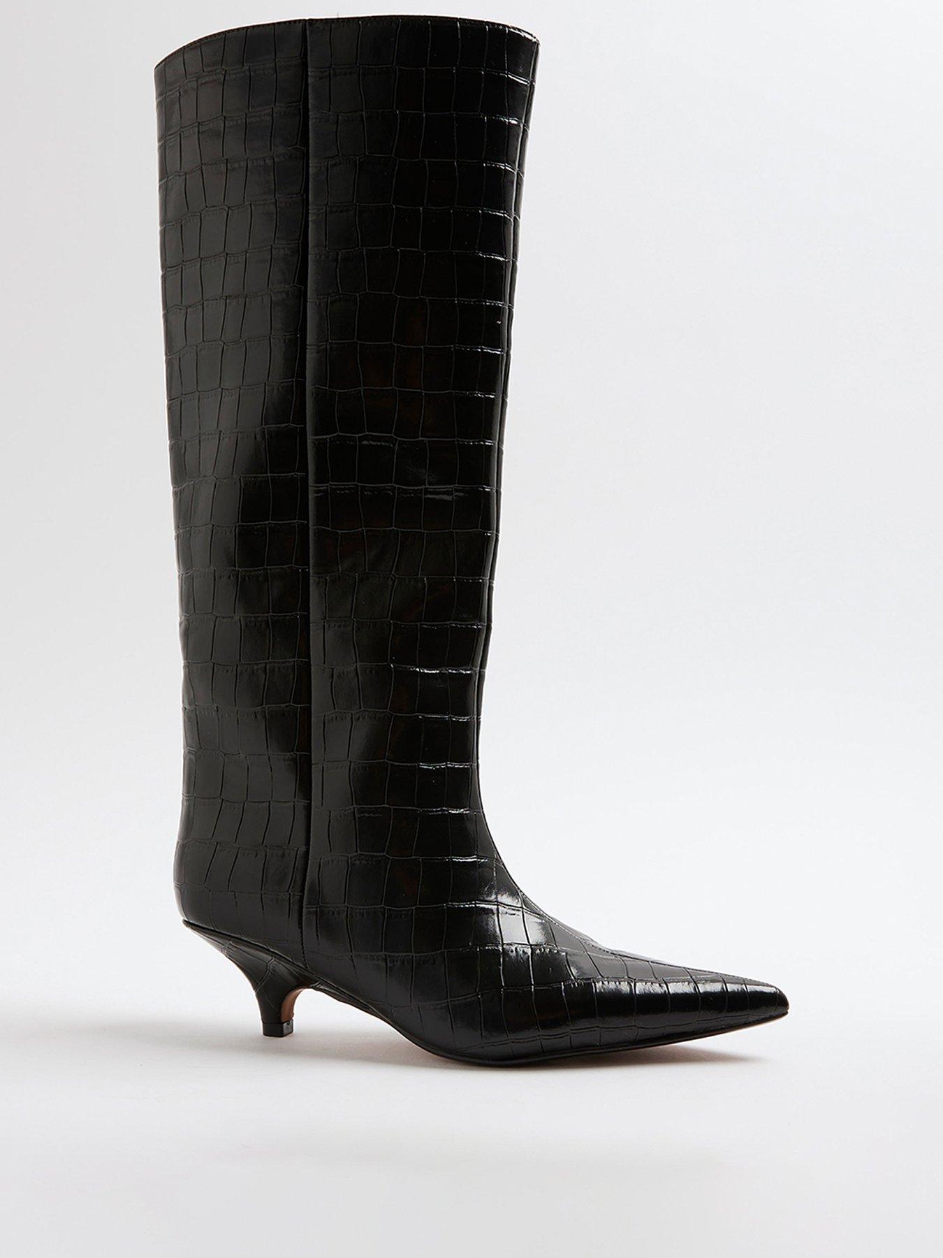 Image 3 of 6 of River Island Curved Heel Knee High Boot - Black
