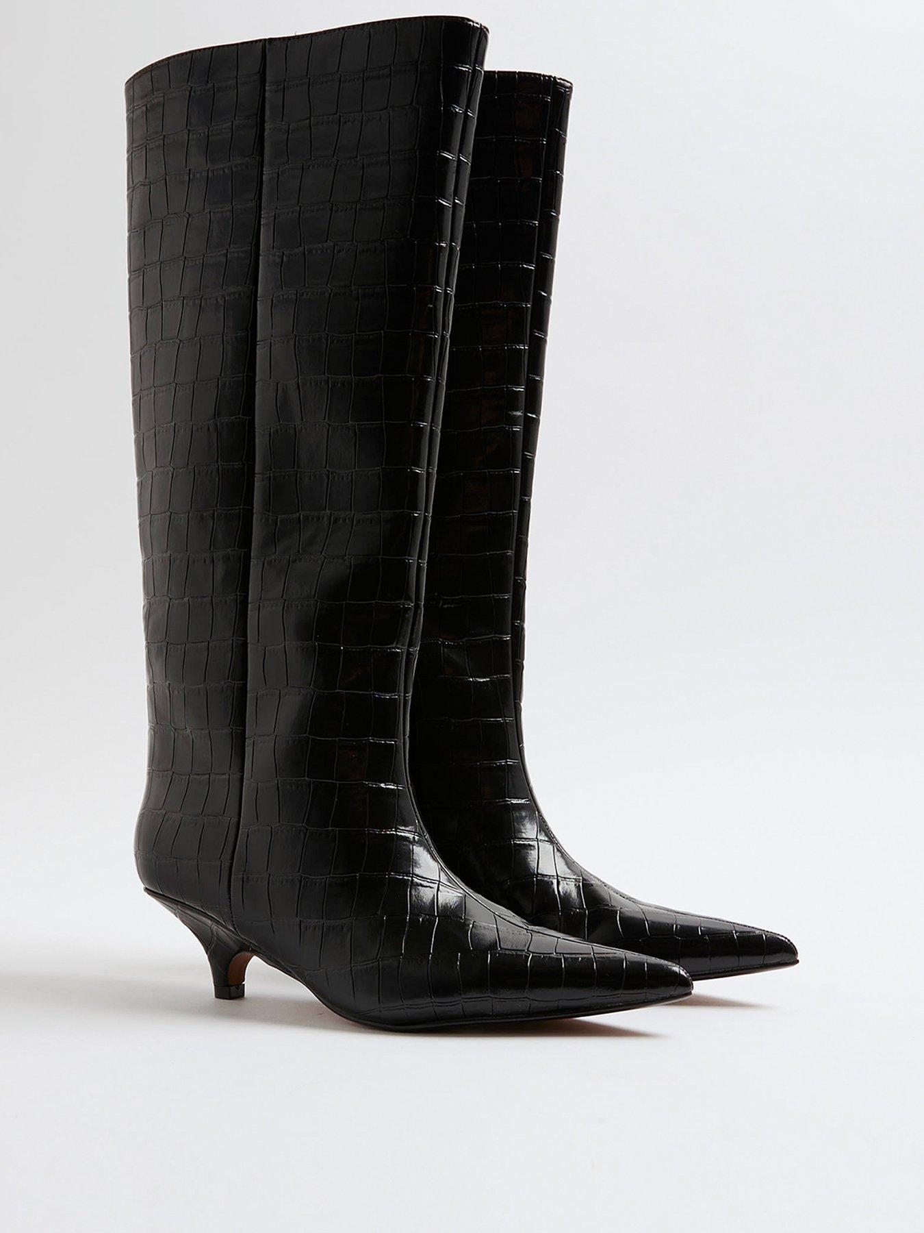 Image 4 of 6 of River Island Curved Heel Knee High Boot - Black