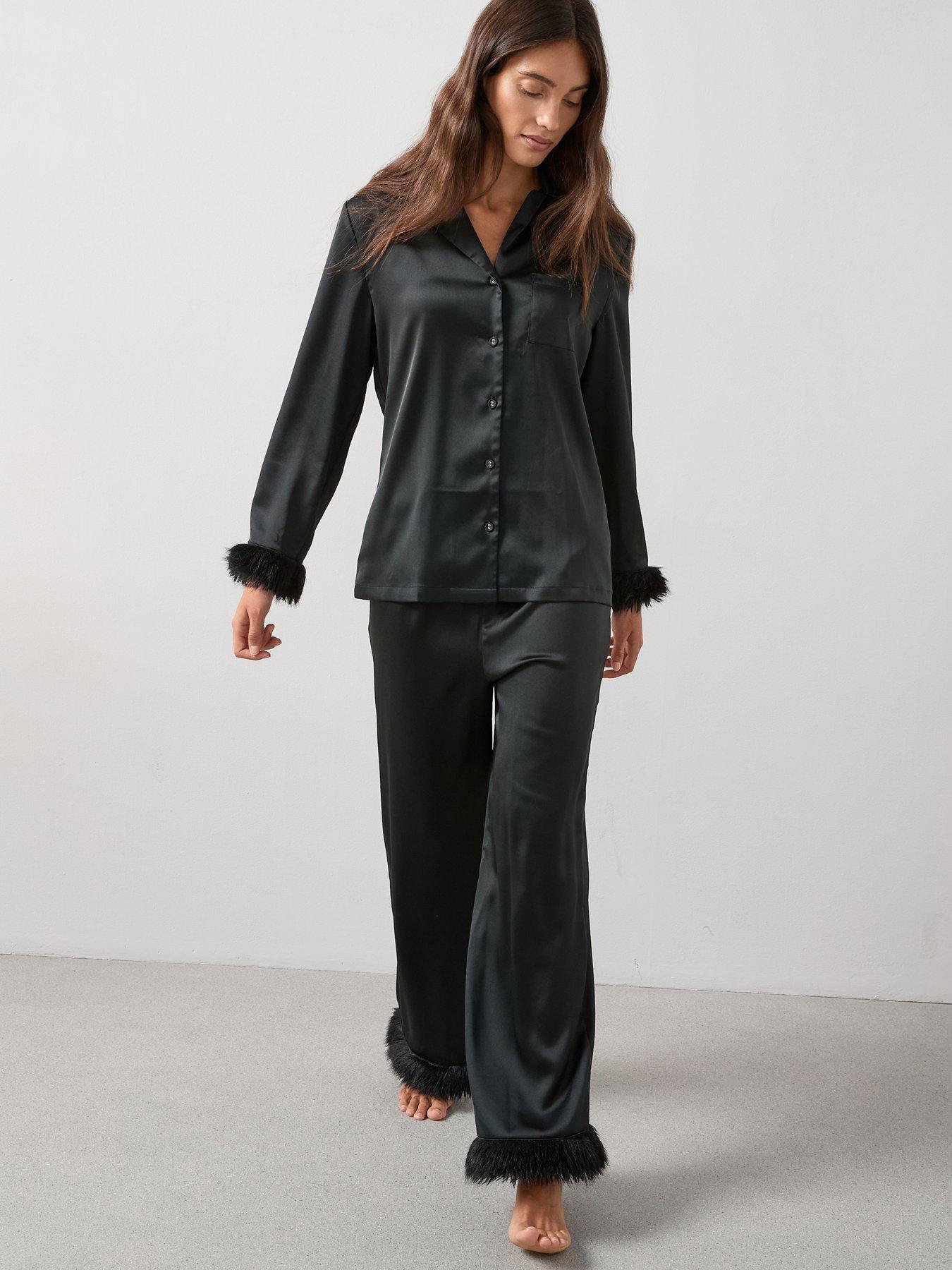 The Very Collection Faux Fur Trim Satin Revere Pyjama Set - Black