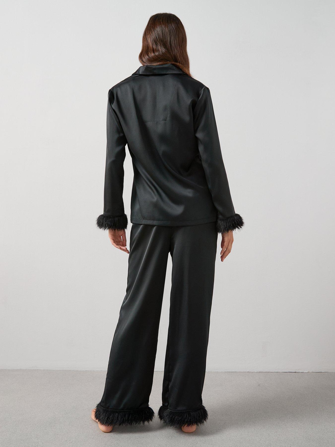Image 2 of 6 of The Very Collection Faux&nbsp;Fur Trim Satin Revere Pyjama Set - Black