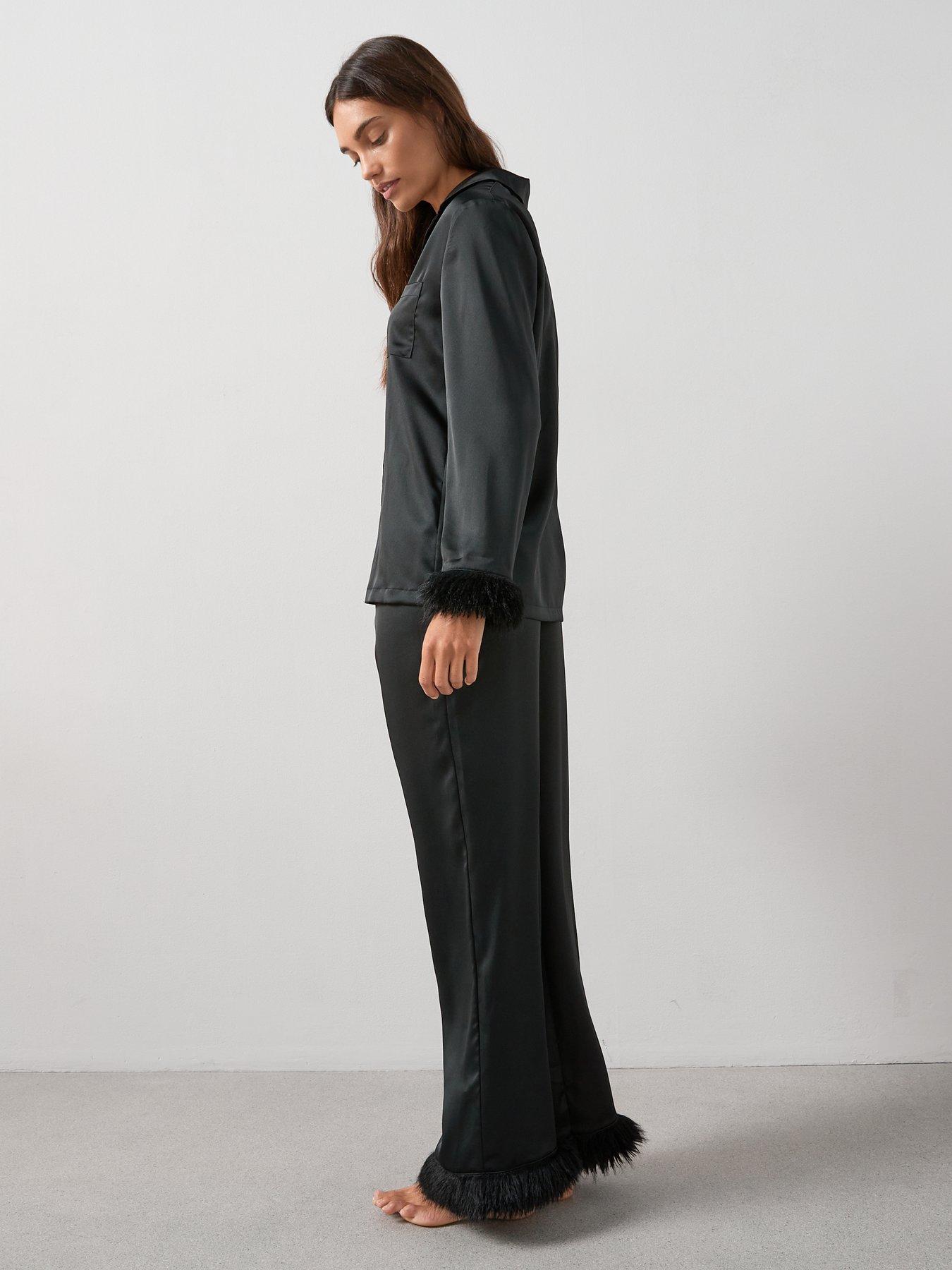 Image 3 of 6 of The Very Collection Faux&nbsp;Fur Trim Satin Revere Pyjama Set - Black