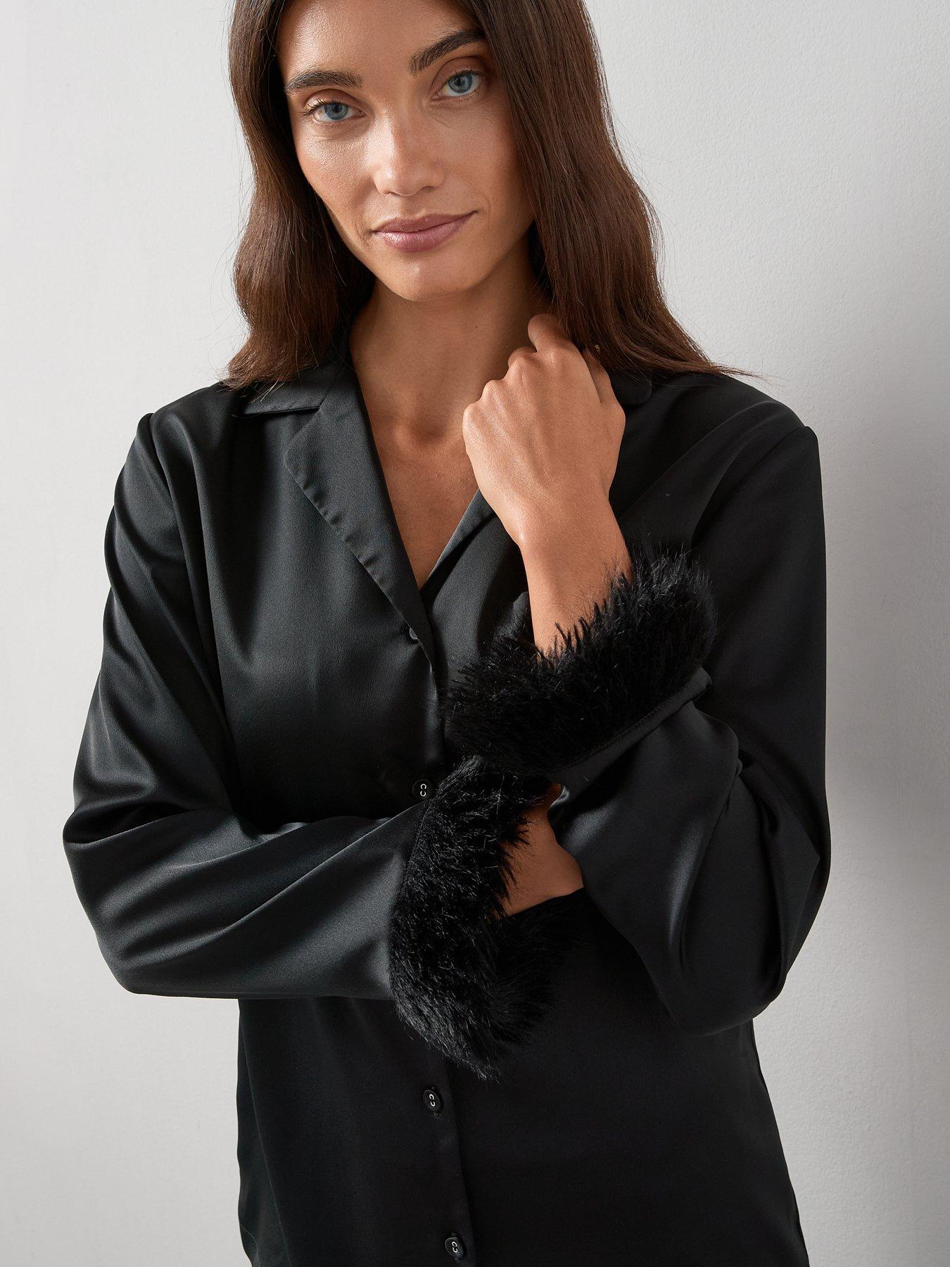 Image 4 of 6 of The Very Collection Faux&nbsp;Fur Trim Satin Revere Pyjama Set - Black