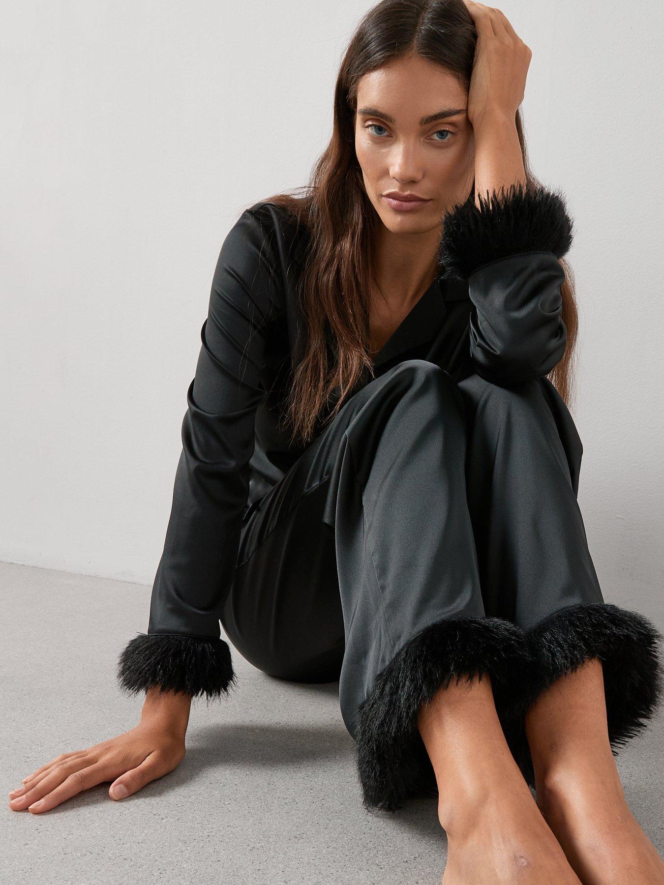 Image 6 of 6 of The Very Collection Faux&nbsp;Fur Trim Satin Revere Pyjama Set - Black
