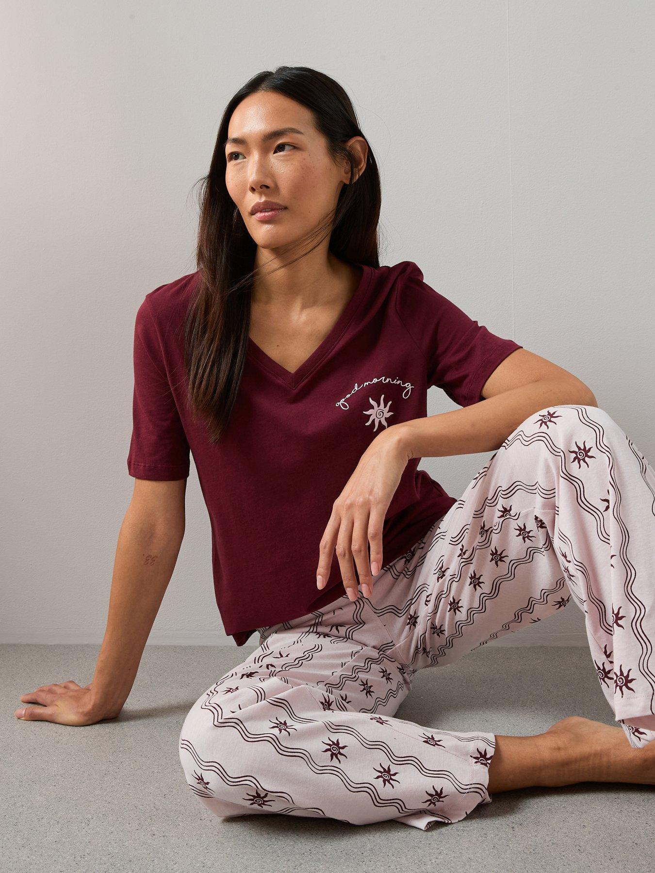 the-very-collection-v-neck-sun-abstract-print-tshirt-and-wide-leg-pyjama-bottoms-pink