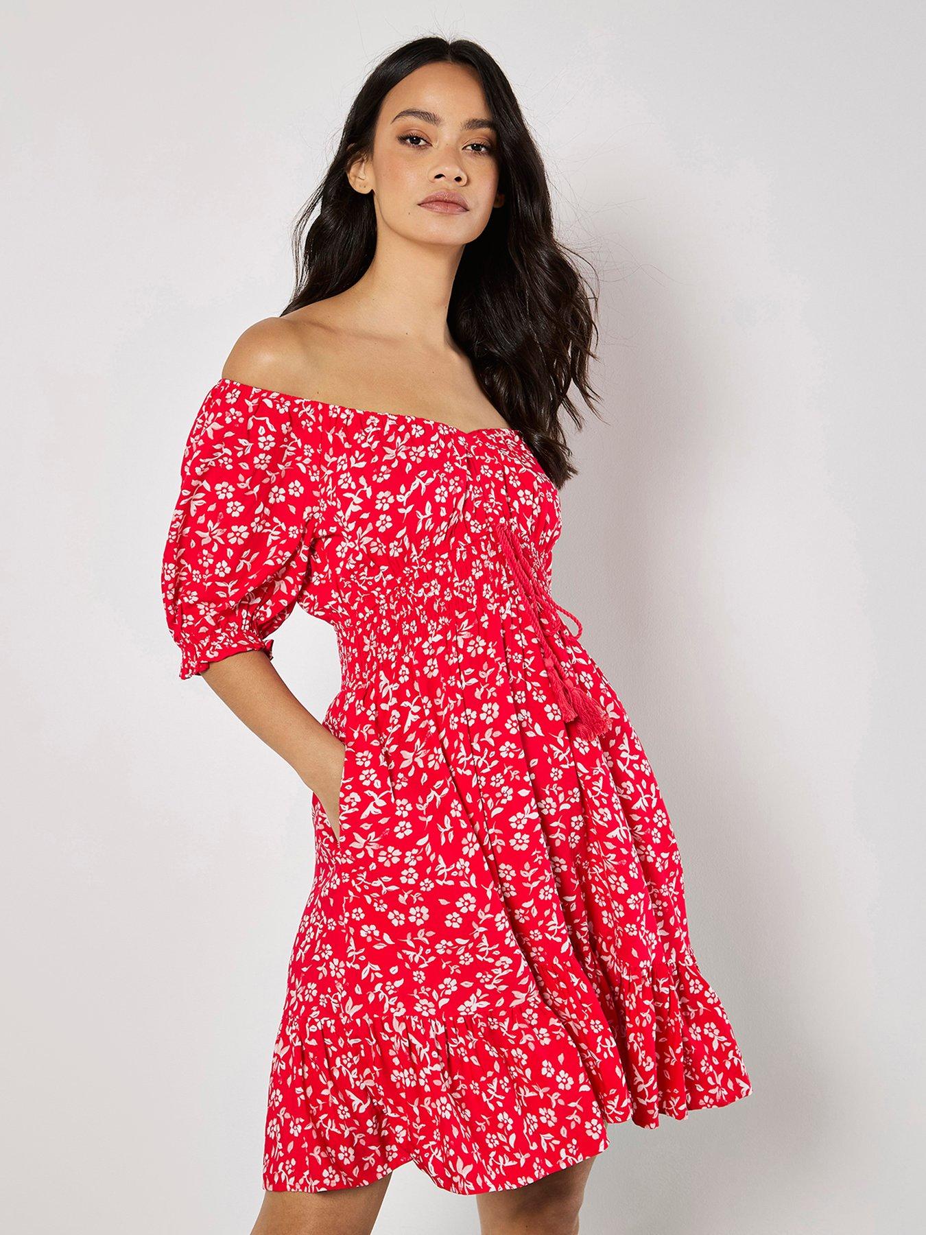 Image of Apricot Sarasa Floral Bardot Mini Dress - Red