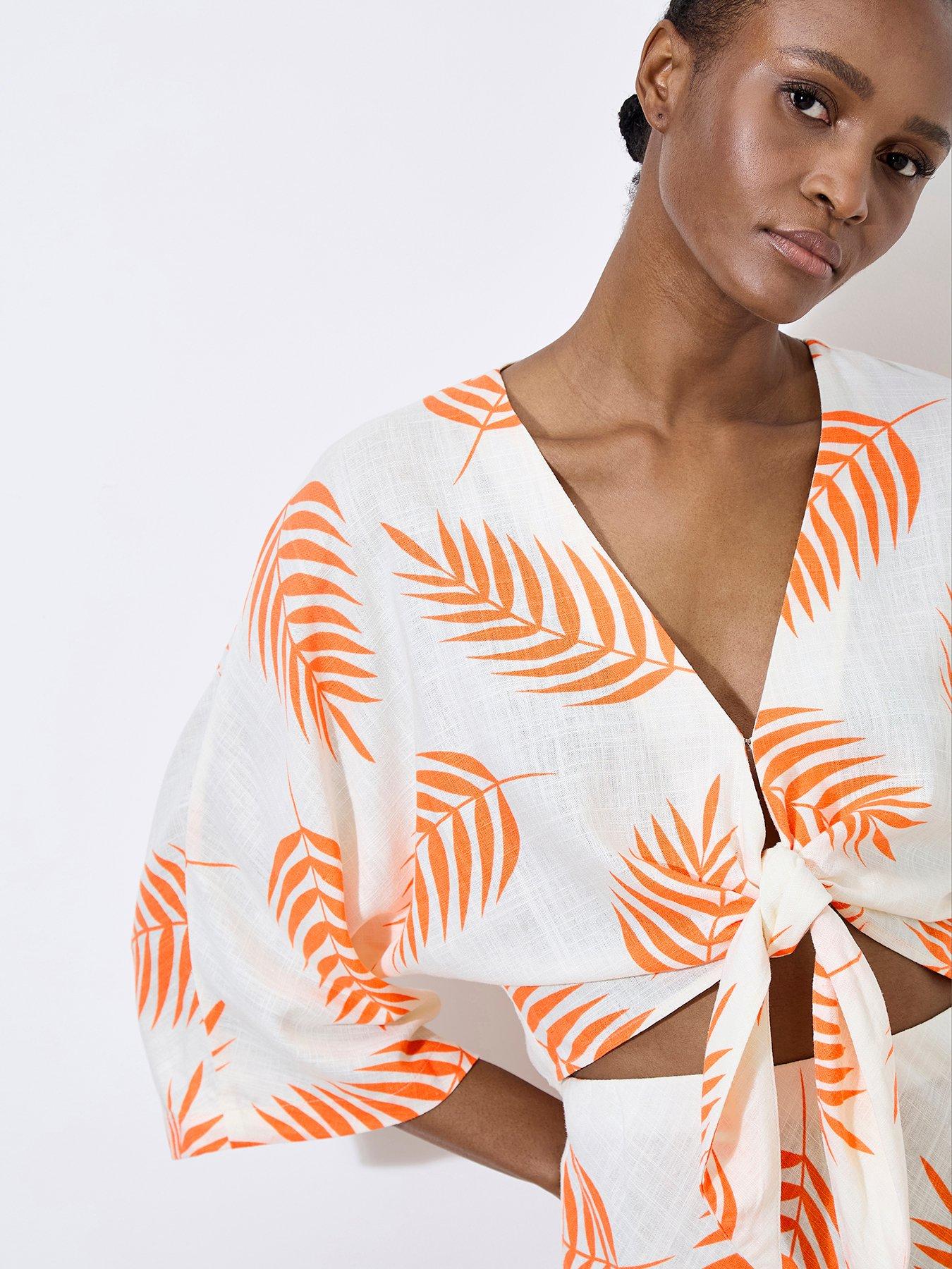 apricot-tropical-leaf-tie-hem-crop-top-creamoutfit