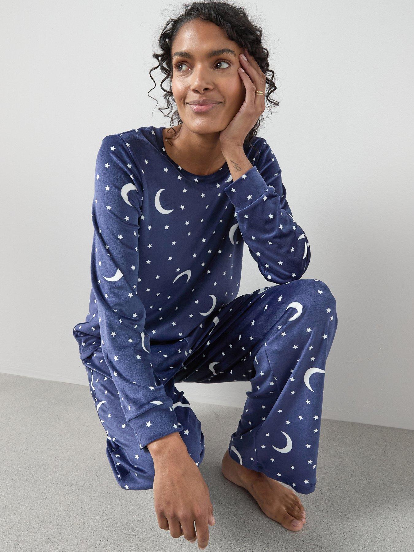 The Very Collection Soft Touch Long Sleeve Moon Print Wide Leg Pj Set - Navy