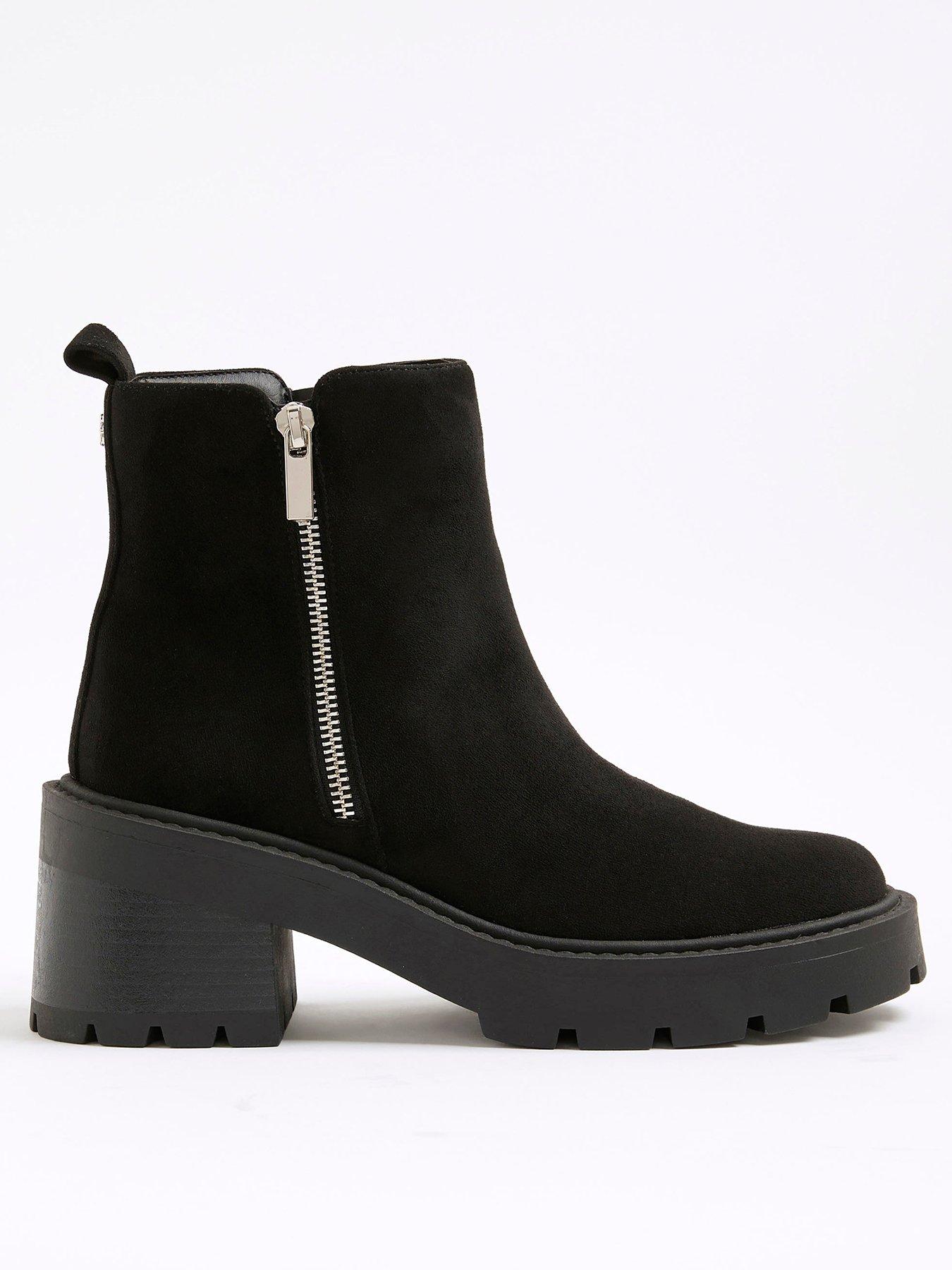 Image 1 of 4 of River Island Block Heeled Side Zip Boot - Black