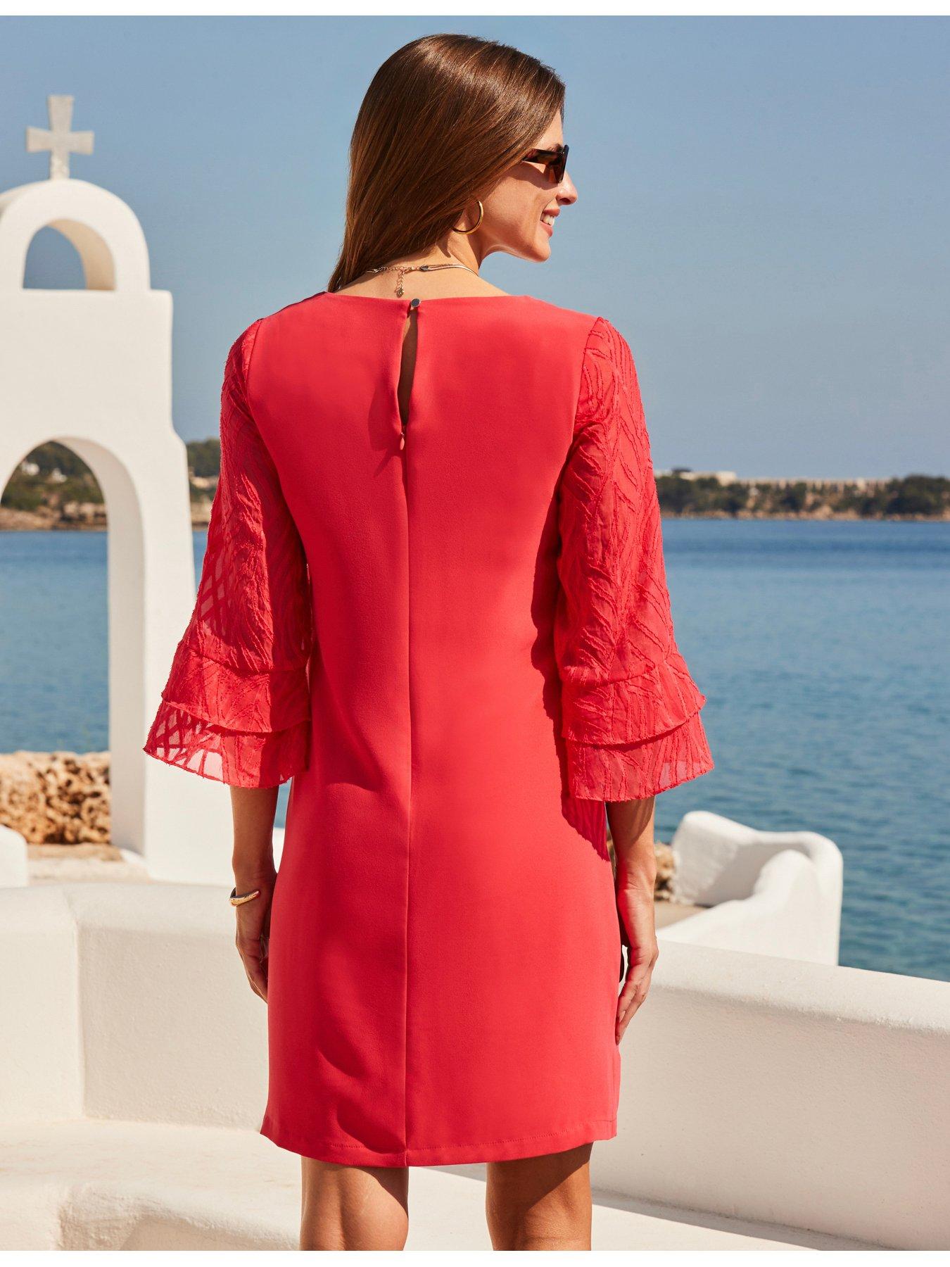 sosandar-coral-textured-flutter-sleeve-shift-dress-pinkstillFront