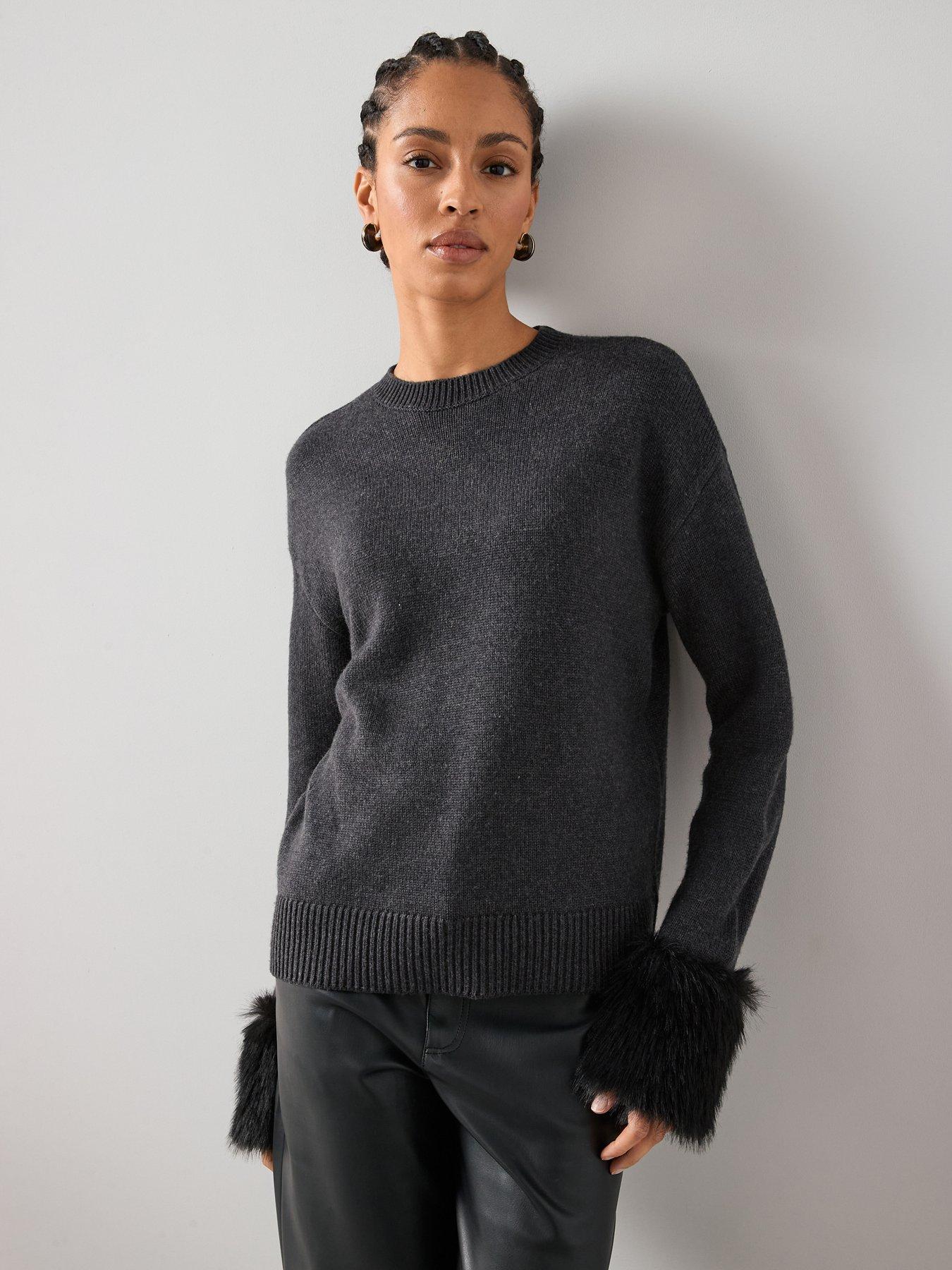 The Very Collection Crew Neck Detachable Fur Cuff Jumper With Wool - Grey
