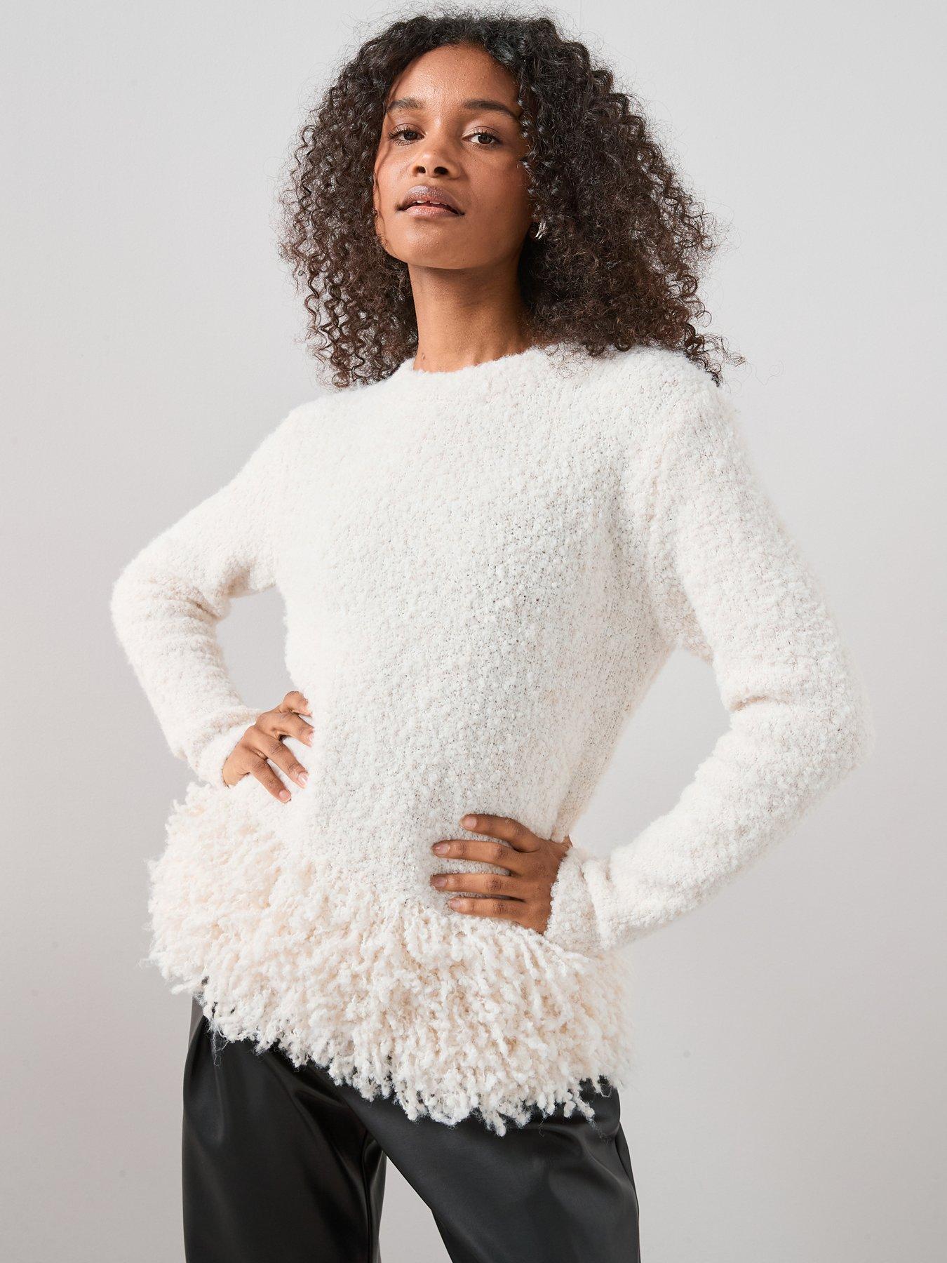The Very Collection Boucle Fringe Hem Crew Neck Jumper - Cream