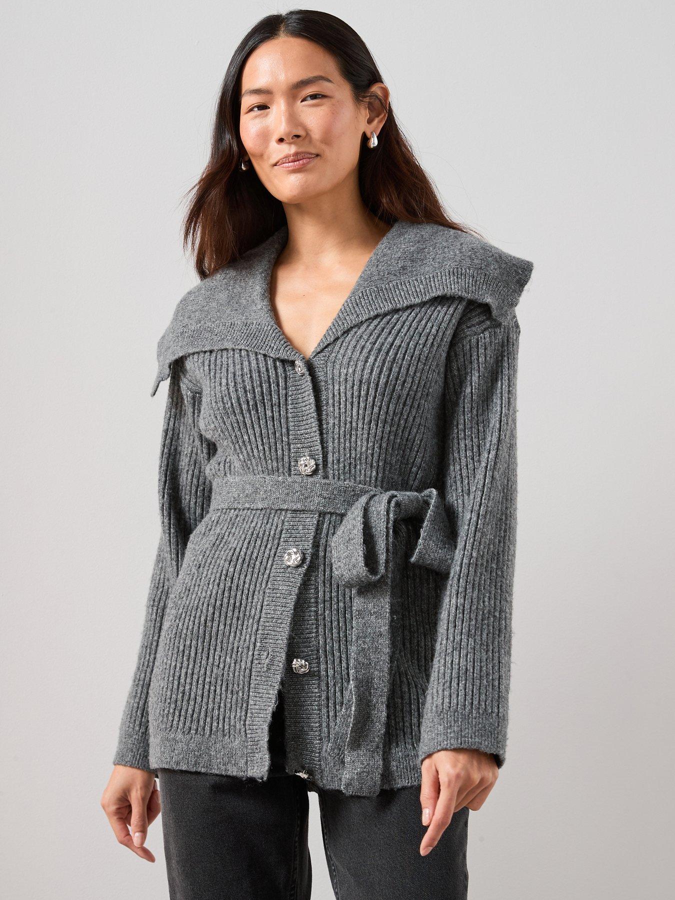 The Very Collection Oversized Collar Belted Longline Cardigan - Grey