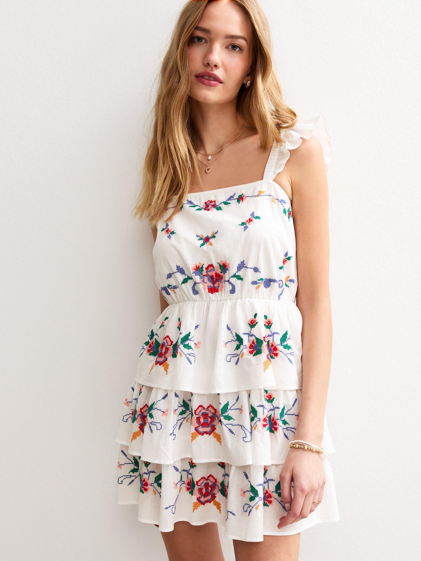 New Look White Tiered Floral Embroidered Mini Dress