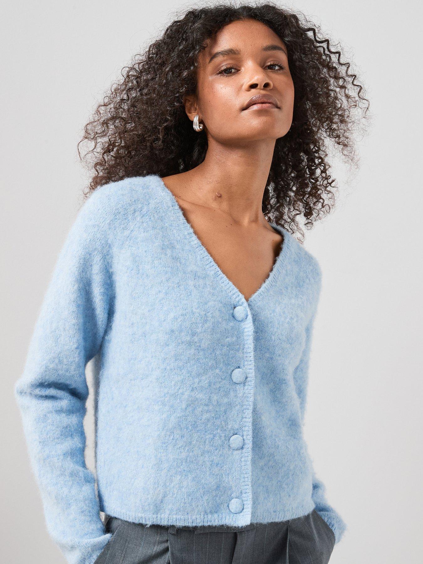 the-very-collection-fluffy-v-neck-covered-button-cardigan-bluefront