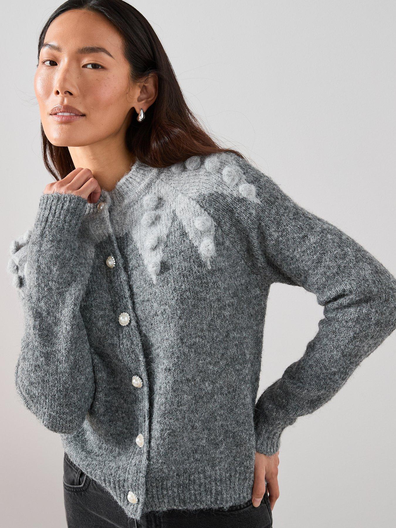 The Very Collection Crew Neck Pom Pom Jacquard Cardigan - Grey
