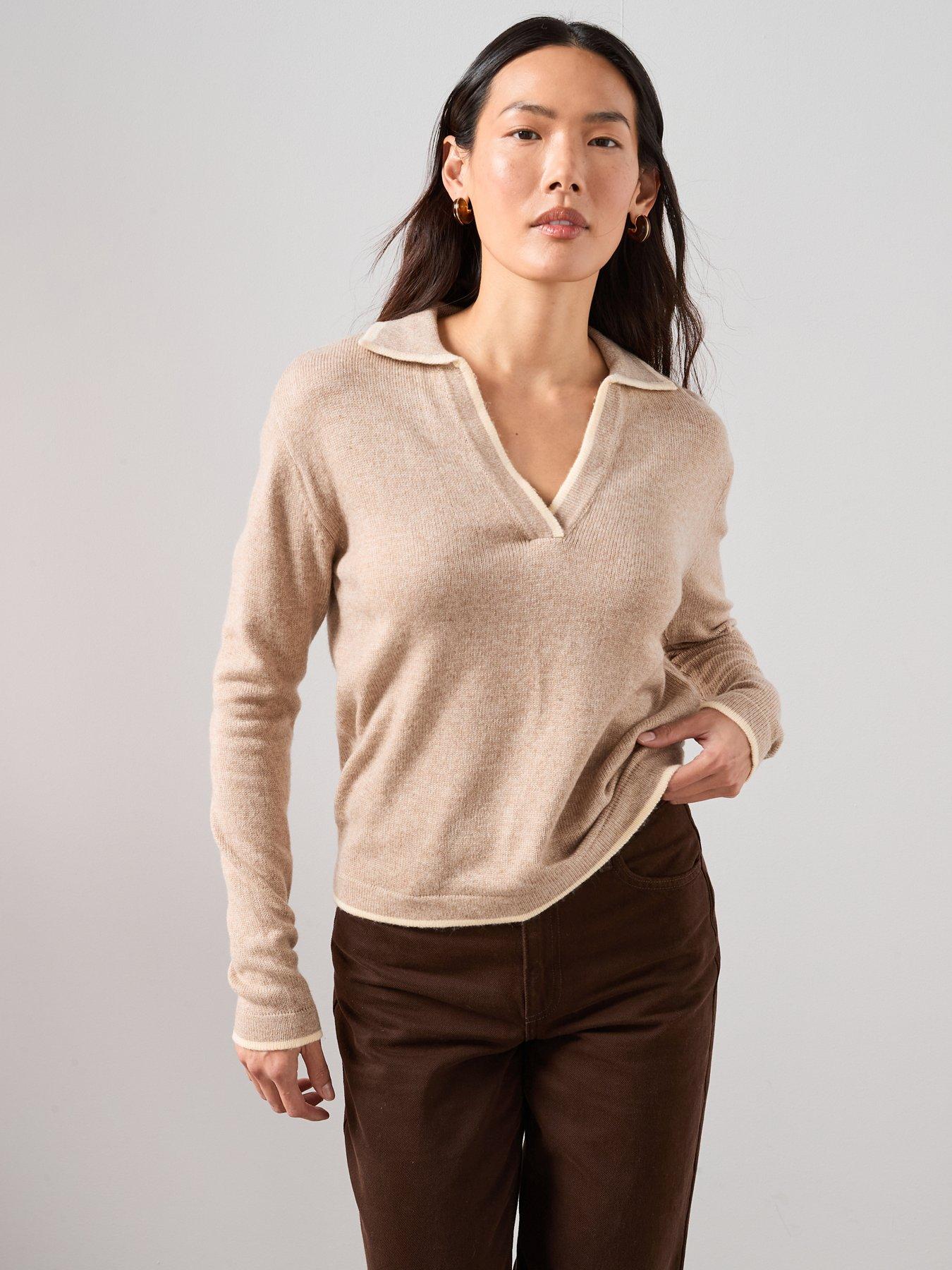 The Very Collection Contrast Tipping Collared Jumper With Wool - Beige