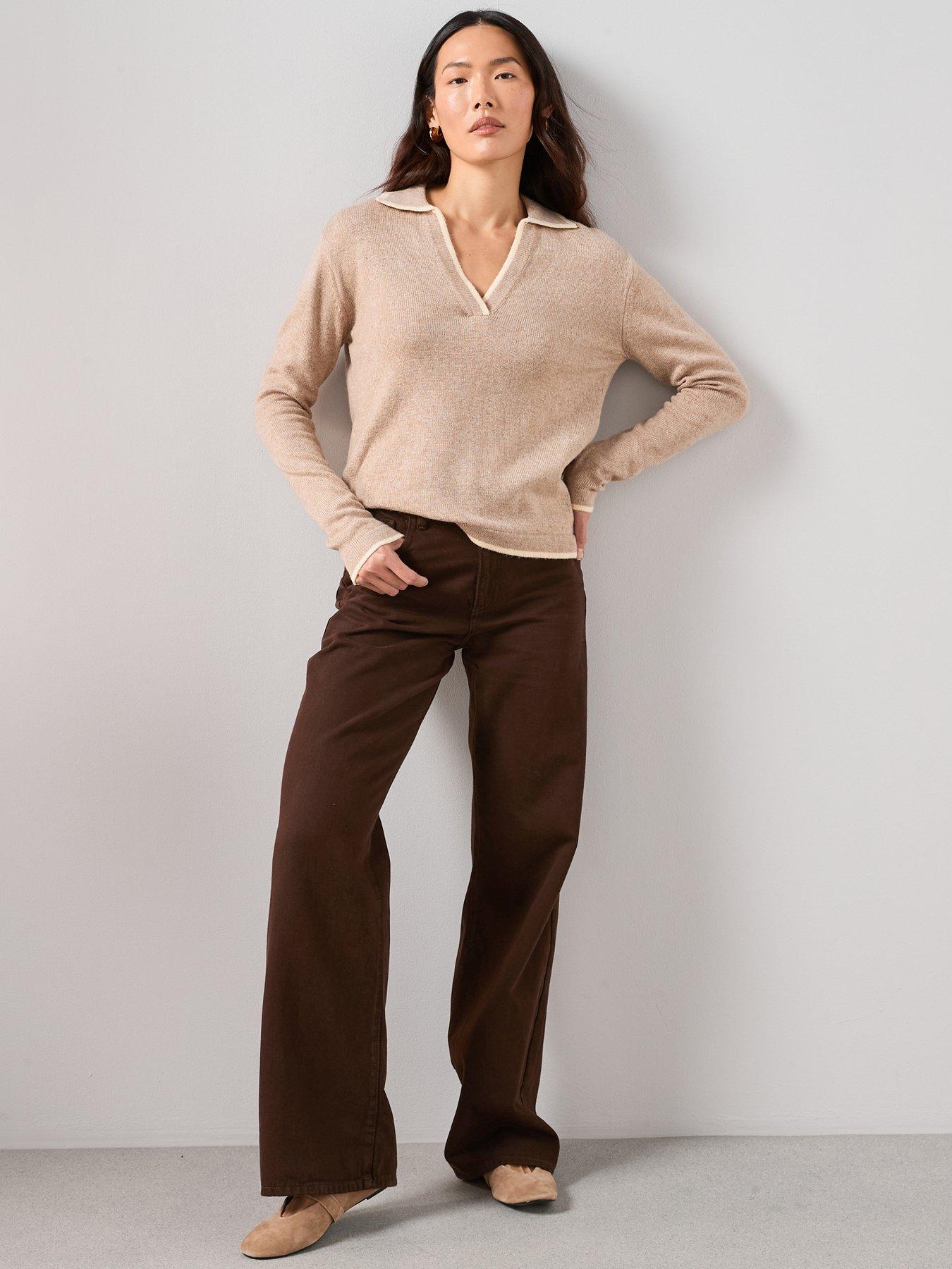 The Very Collection Contrast Tipping Collared Jumper With Wool - Beige