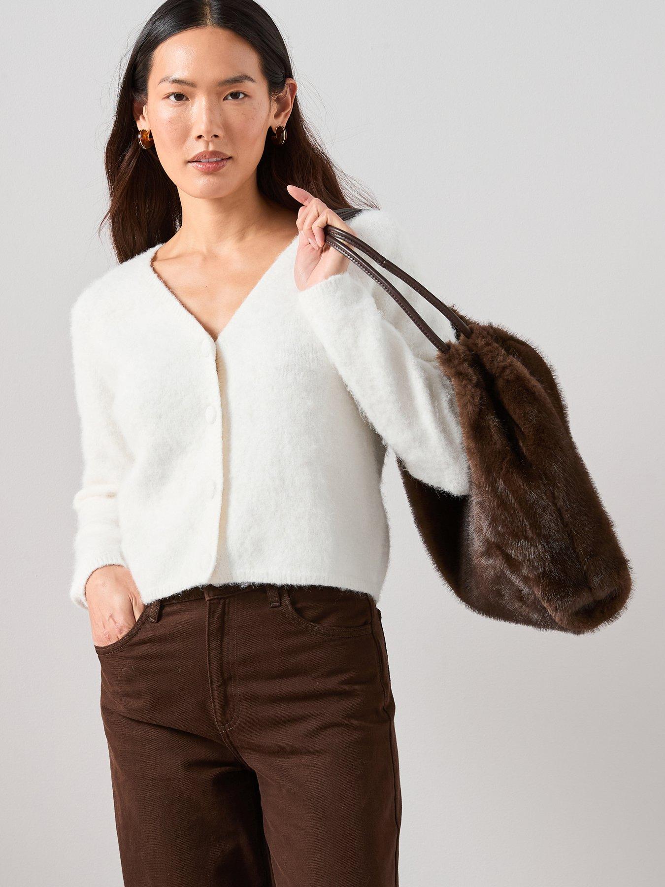 The Very Collection Fluffy V Neck Covered Button Cardigan - Cream